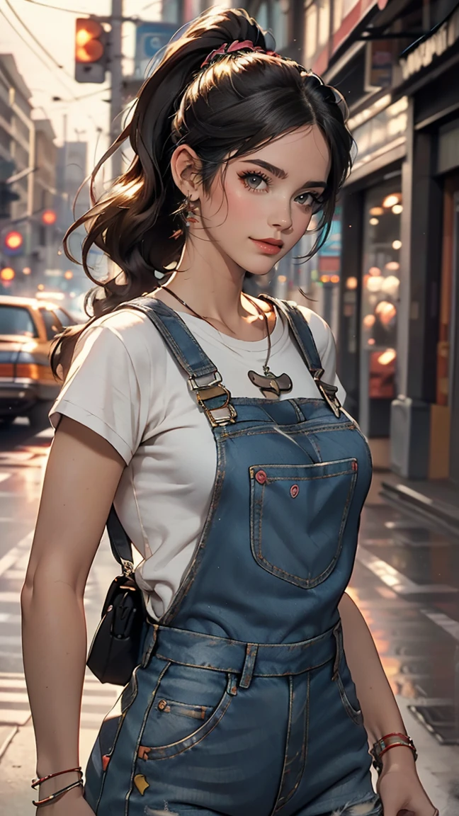 pho3b3cat3s photos, Beautiful woman, ((24-years-old)), street, T-Shirts, Denim overalls, 1980s, Retro, Long wavy black hair in a ponytail, (masterpiece), (Highly detailed CG Unity 8k wallpaper), Complex, ((Realistic)),