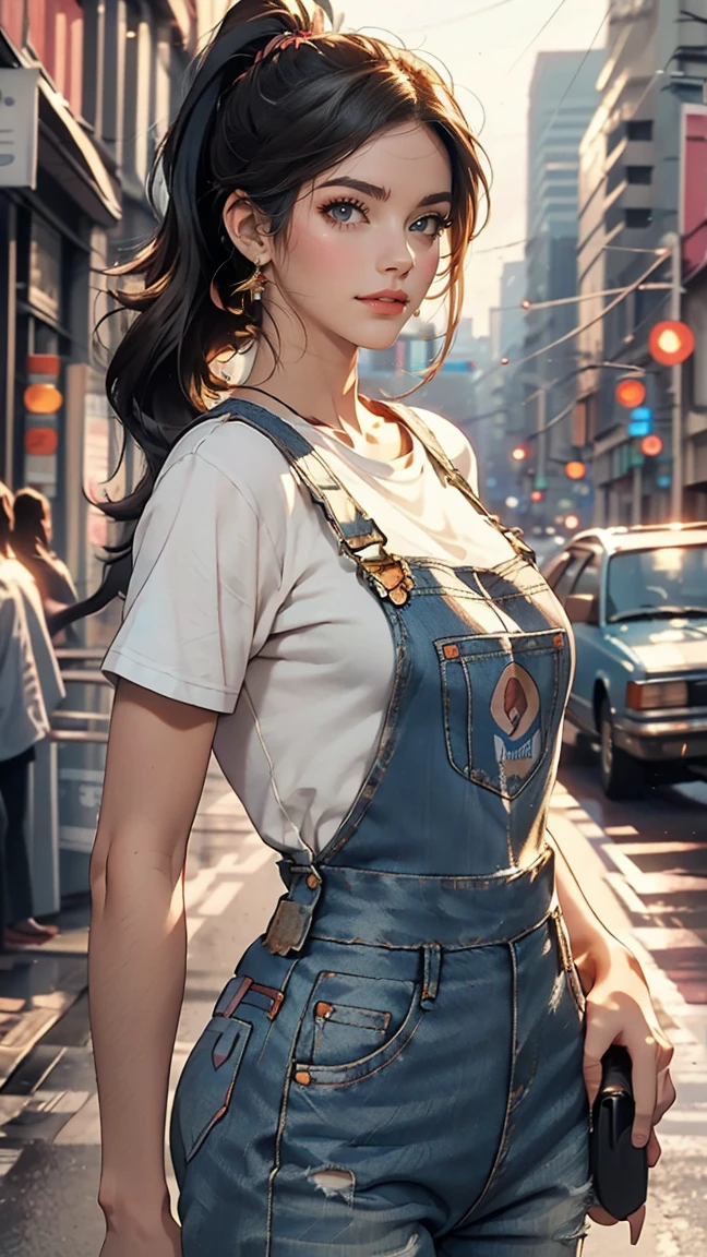 pho3b3cat3s photos, Beautiful woman, ((24-years-old)), street, T-Shirts, Denim overalls, 1980s, Retro, Long wavy black hair in a ponytail, (masterpiece), (Highly detailed CG Unity 8k wallpaper), Complex, ((Realistic)),