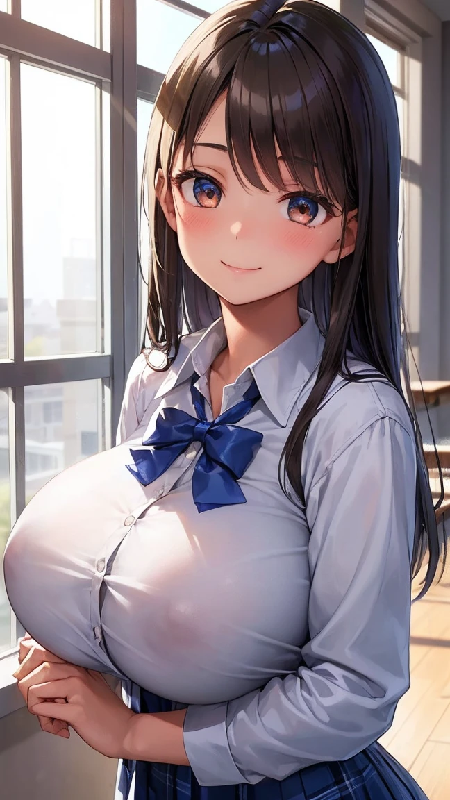 masterpiece, highest quality, one girl, cowboy shot, smile, (beautiful girl, delicate girl:1.3), (15 years old:1.3), extremely fine-grained clarity, (symmetrical eyes:1.3), (school building:1.2), (spring school uniform:1.3), (gigantic breasts:1.2), brown eyes, hair over one eye, tanned skin, young girl, (Eye and face details:1.0), (upper teeth, best smile:0.2)