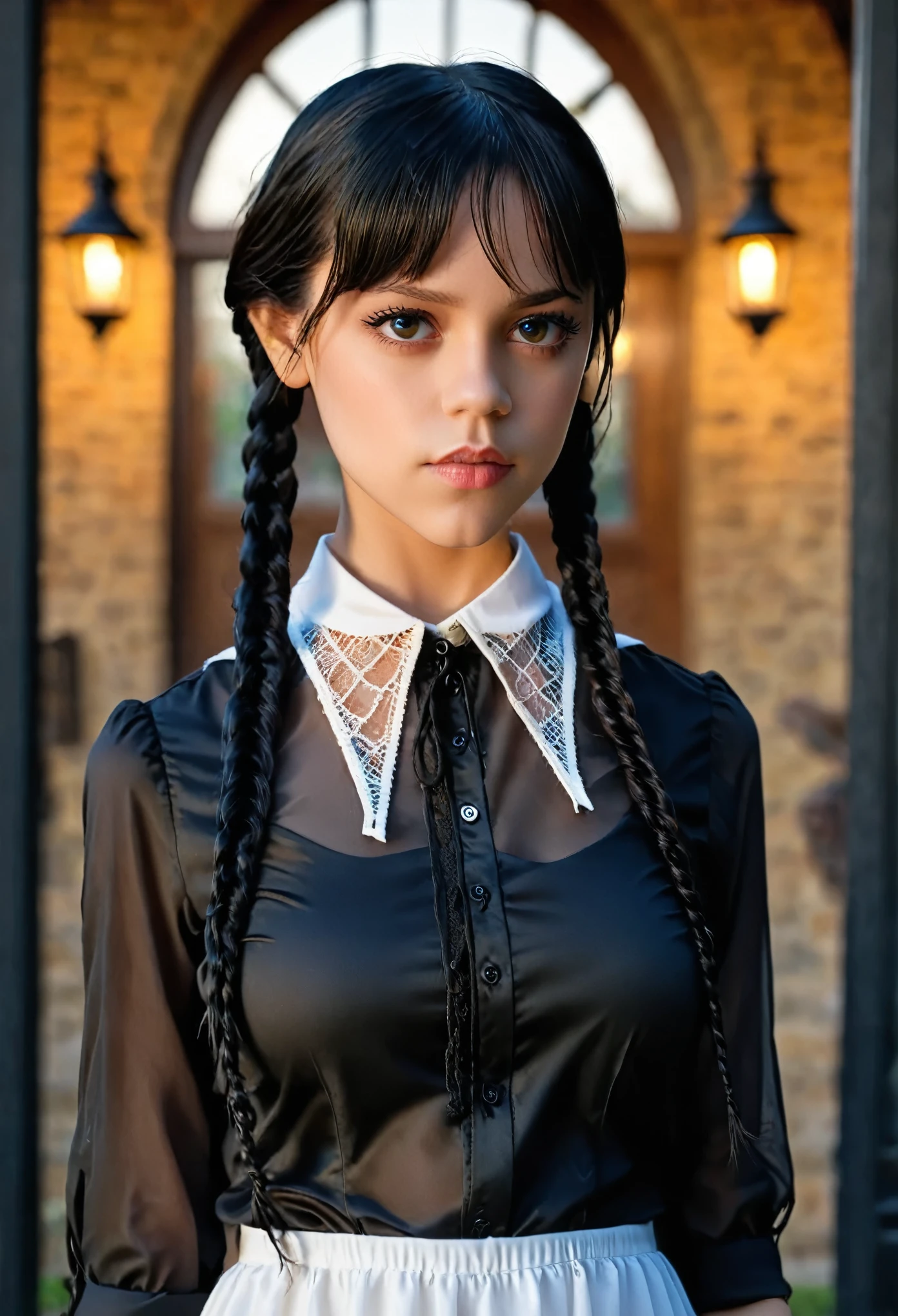 (full head):1.8, Arafed woman looks like Jenna Ortega with braids in a ((white dress and laced shirt, big breast):2.9), as Mittwoch Addams, Mittwoch Addams, she has white eyes!!!, Sie hat schwarze Haare mit Pony, with black pigtails, she has a sweet face, ((UnrealEngine5 epic masterpiece, ultra best quality, detailed, ultra sharpness focus, ultra high-resolution, ultra high-definition, UHD, HDR, vibrant DSLR vivid moonset)), colorful lighting, Evelyn Celebrian, blackess elf tanmed skin epic eyes breasts pubic tattoo, looking at viewer, Epic Cute, Eiffel reflection varies multi etc. --v 6 --s 1000 --c 20 --q 20 --chaos 100
