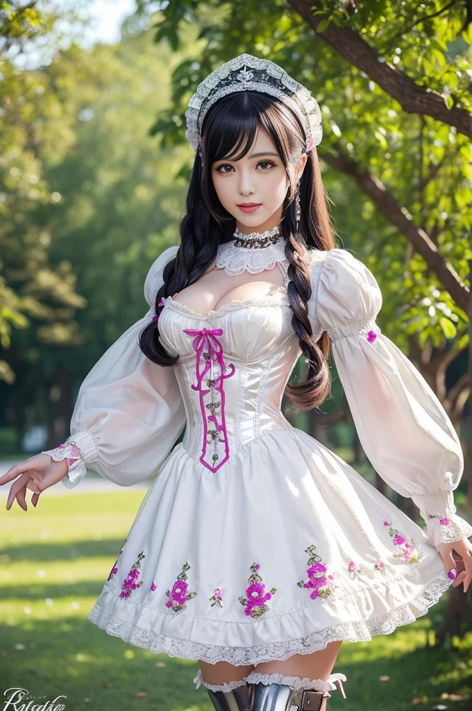 sexy stylish Swedish model, only 1 female, ((doll-like appearance)), ((shiny Victorian-Style boots)), beautiful smile, ultra detailed eyes, vivid eye makeup, lipgloss, long lashes, defined eyebrows, ((sexy Paradise Kiss cosplay)), bell-shaped skirt, petticoats, high neckline, puffed sleeves, (( ultra detailed lace)), ((ultra detailed embroidery)), intricate details, Paradise Kiss accessoires and matching headpiece, choker, ((large sparkling Paradise Kiss jewelry)), cinematic light, detailed large park background with trees 