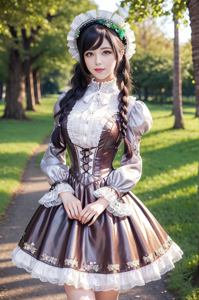 sexy stylish Swedish model, only 1 female, ((doll-like appearance)), ((shiny Victorian-Style boots)), beautiful smile, ultra detailed eyes, vivid eye makeup, lipgloss, long lashes, defined eyebrows, ((sexy Paradise Kiss cosplay)), bell-shaped skirt, petticoats, high neckline, puffed sleeves, (( ultra detailed lace)), ((ultra detailed embroidery)), intricate details, Paradise Kiss accessoires and matching headpiece, choker, ((large sparkling Paradise Kiss jewelry)), cinematic light, detailed large park background with trees