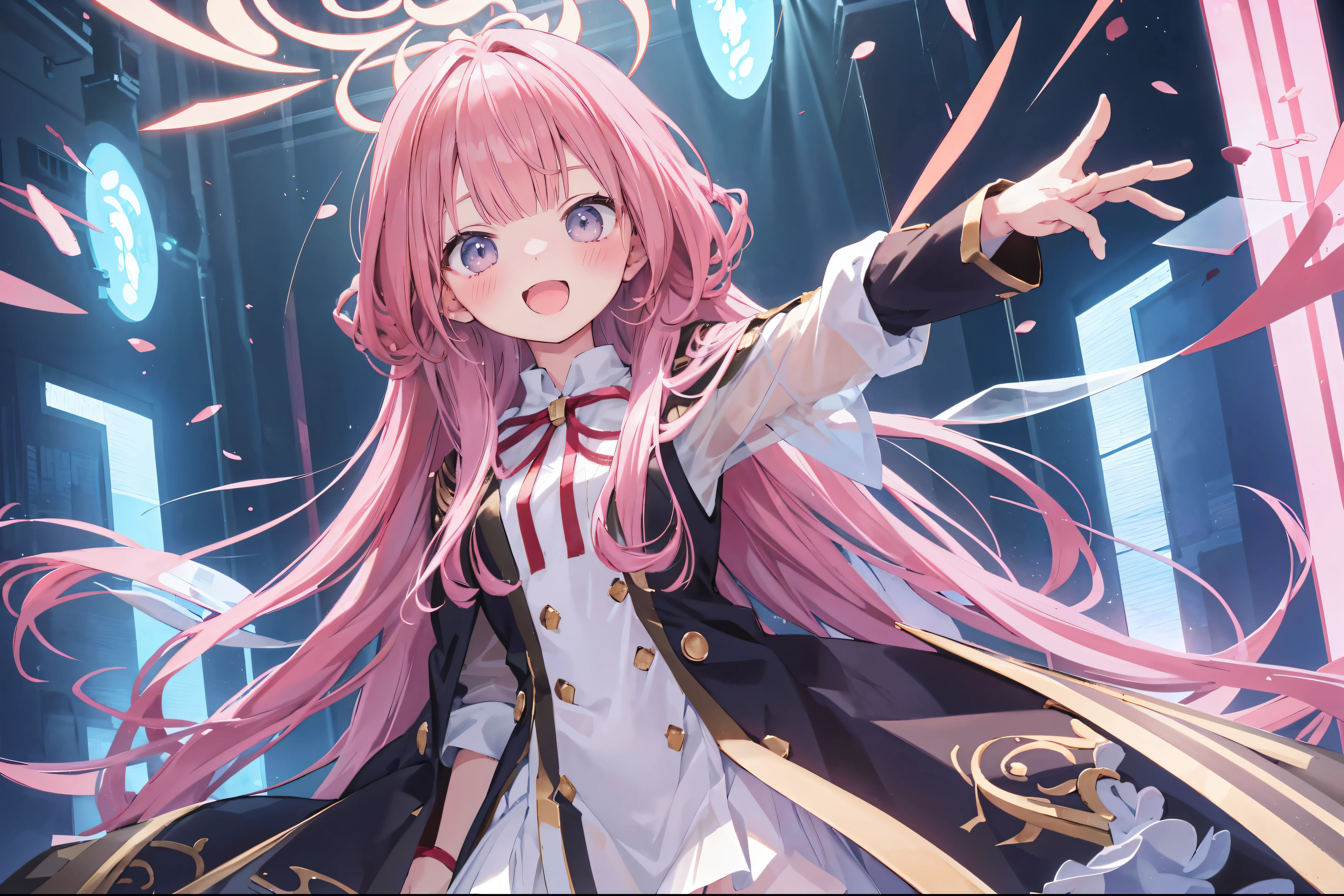 Masterpiece、Highest quality、highest quality、((((Transparency))))、Good looking girl (blush, Perfect Face), independent , Looking into the camera, masterpiece, Anime art style, (Open Mouth Smile)、Shiny hair quality、Small face、Dynamic pose、Super detailed, beautiful, wide eyes、Ultra-detailed, clear and beautiful faces、(cute illustration:1.2), High-resolution, ultra-detailed, best quality, embarrassed、Thighs, Awards, Anatomically correct