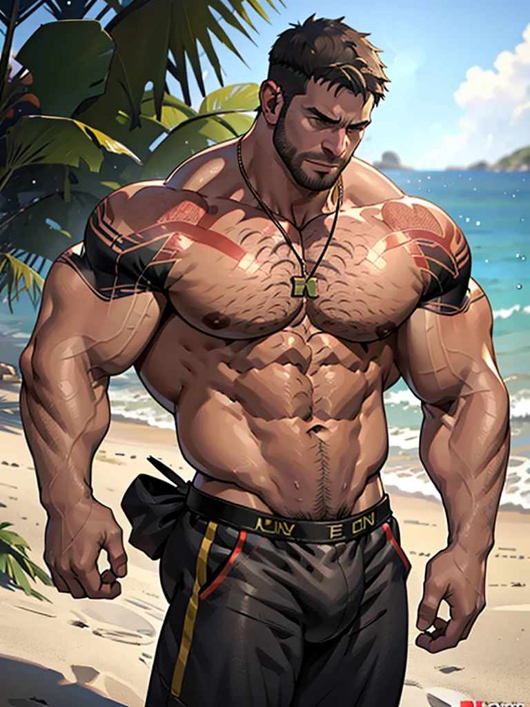 Chris Redfield, beefy build, hefty, bodybuilder, shirtless, beach underwear, very hot male, beefy pecs, hairy chest, six-pack ABS, hairy abdomen, hairy groin, small gold necklace, 3 meters tall bodybuilder, oversized biceps are 240 inches, with long oversized arms, tribal tattoo on biceps, hyper realistic style, erotic, ultra hd, realistic, vivid colors, highly detailed, UHD drawing, pen and ink, perfect composition, beautiful detailed intricate insanely detailed octane render trending on artstation, 8k artistic photography, photorealistic concept art, soft natural volumetric cinematic perfect light.