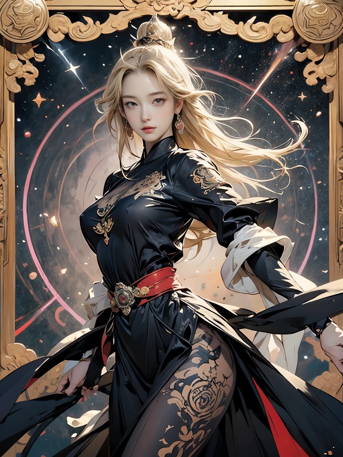Zerg Queen Beautiful Girl: Ranlinger, 18 years old, astrologer, Messy Hair, oil, Romanticism painting, beautiful Perfect Face, Soft Skin, Perfect Face, Yasutomo Oka's painting style, Big Breasts, Add light purple and purple, Add Light Red, Intricate details, Splash screen, 8K resolution, masterpiece, Serious, Space, (mysterious magic circle background, Buddhist Mandala:1.3), Colorful background, aura, Sharp Eyes, Break, Blonde, dynamic sexy poses, Strong winds, Mr.々Light source, Colorful light, Crystal Jade, Tarot Cards, Four Holy Beasts, constellation