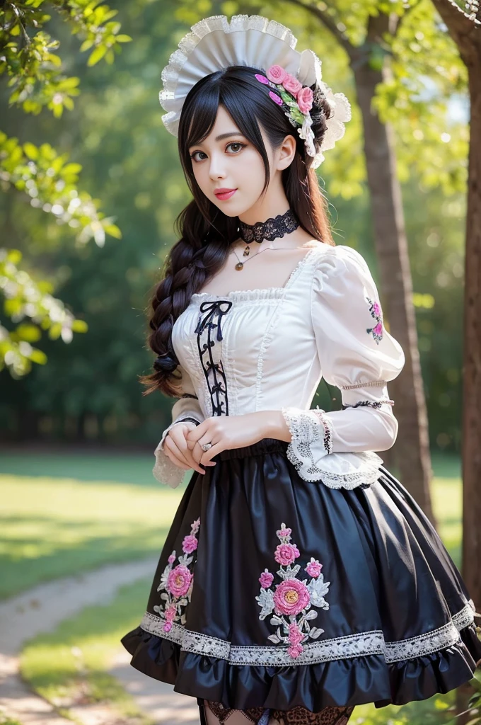 sexy stylish Spanish model, only 1 female, ((doll-like appearance)), ((ultra detailed Victorian-Style boots)), beautiful smile, ultra detailed eyes, vivid eye makeup, lipgloss, long lashes, defined eyebrows, ((sexy Paradise Kiss cosplay)), bell-shaped skirt, petticoats, high neckline, puffed sleeves, (( ultra detailed lace)), ((ultra detailed embroidery)), intricate details, Paradise Kiss accessoires and matching headpiece, choker, ((large sparkling Paradise Kiss jewelry)), cinematic light, detailed large park background with trees