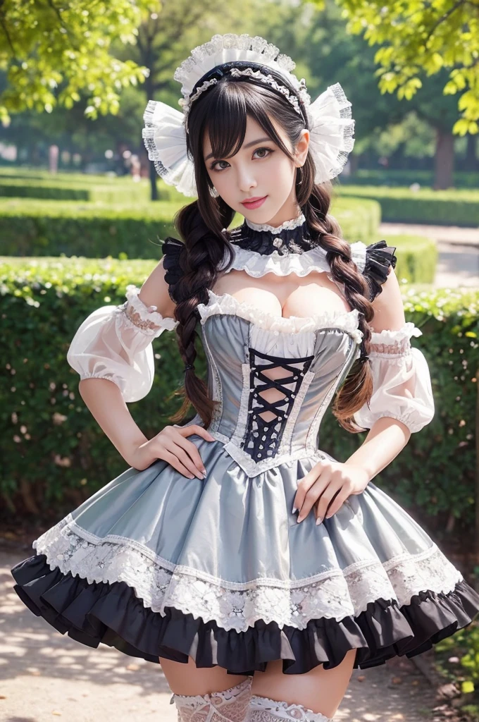 sexy stylish Spanish model, only 1 female, ((doll-like appearance)), ((ultra detailed Victorian-Style boots)), beautiful smile, ultra detailed eyes, vivid eye makeup, lipgloss, long lashes, defined eyebrows, ((sexy Paradise Kiss cosplay)), bell-shaped skirt, petticoats, high neckline, puffed sleeves, (( ultra detailed lace)), ((ultra detailed embroidery)), intricate details, Paradise Kiss accessoires and matching headpiece, choker, ((large sparkling Paradise Kiss jewelry)), cinematic light, detailed large park background with trees