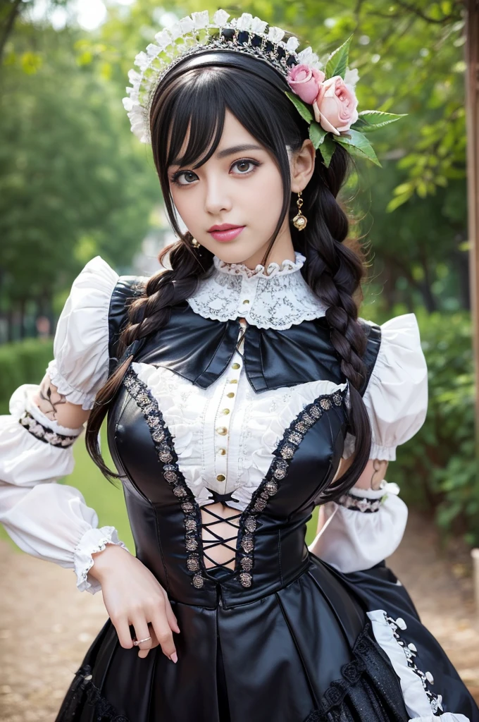 sexy stylish Spanish model, only 1 female, ((doll-like appearance)), ((ultra detailed Victorian-Style boots)), beautiful smile, ultra detailed eyes, vivid eye makeup, lipgloss, long lashes, defined eyebrows, ((sexy Paradise Kiss cosplay)), bell-shaped skirt, petticoats, high neckline, puffed sleeves, (( ultra detailed lace)), ((ultra detailed embroidery)), intricate details, Paradise Kiss accessoires and matching headpiece, choker, ((large sparkling Paradise Kiss jewelry)), cinematic light, detailed large park background with trees
