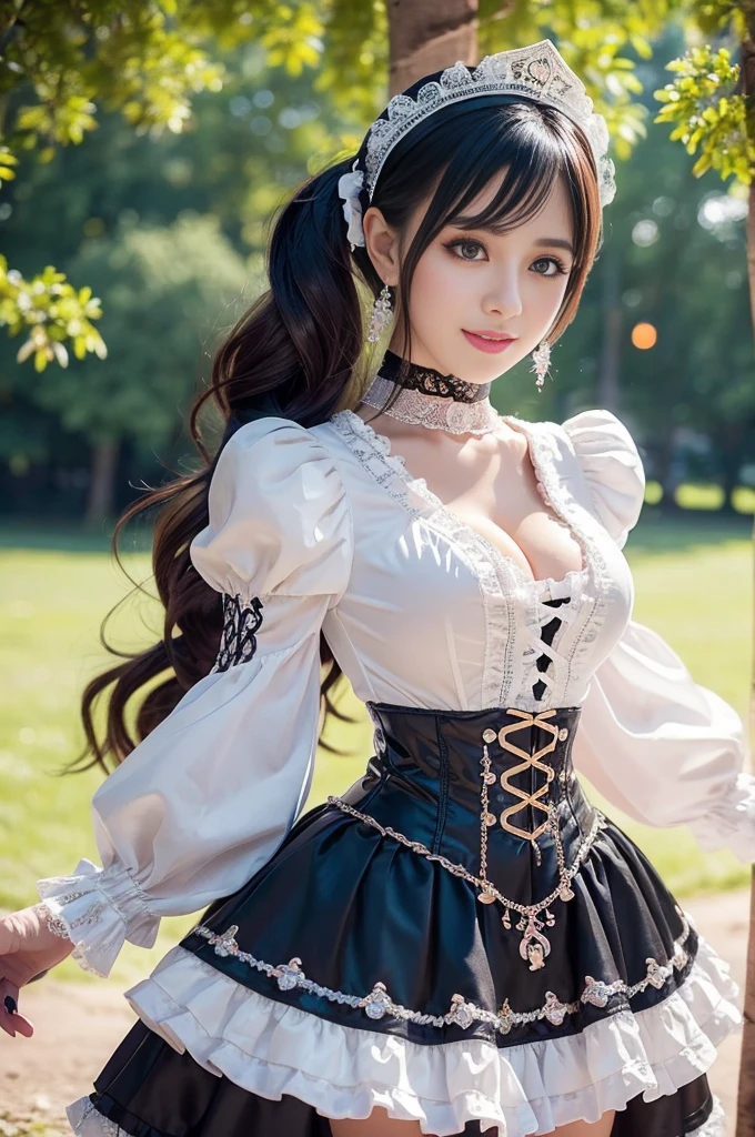 sexy stylish Spanish model, only 1 female, ((doll-like appearance)), ((ultra detailed Victorian-Style boots)), beautiful smile, ultra detailed eyes, vivid eye makeup, lipgloss, long lashes, defined eyebrows, ((sexy Paradise Kiss cosplay)), bell-shaped skirt, petticoats, high neckline, puffed sleeves, (( ultra detailed lace)), ((ultra detailed embroidery)), intricate details, Paradise Kiss accessoires and matching headpiece, choker, ((large sparkling Paradise Kiss jewelry)), cinematic light, detailed large park background with trees 