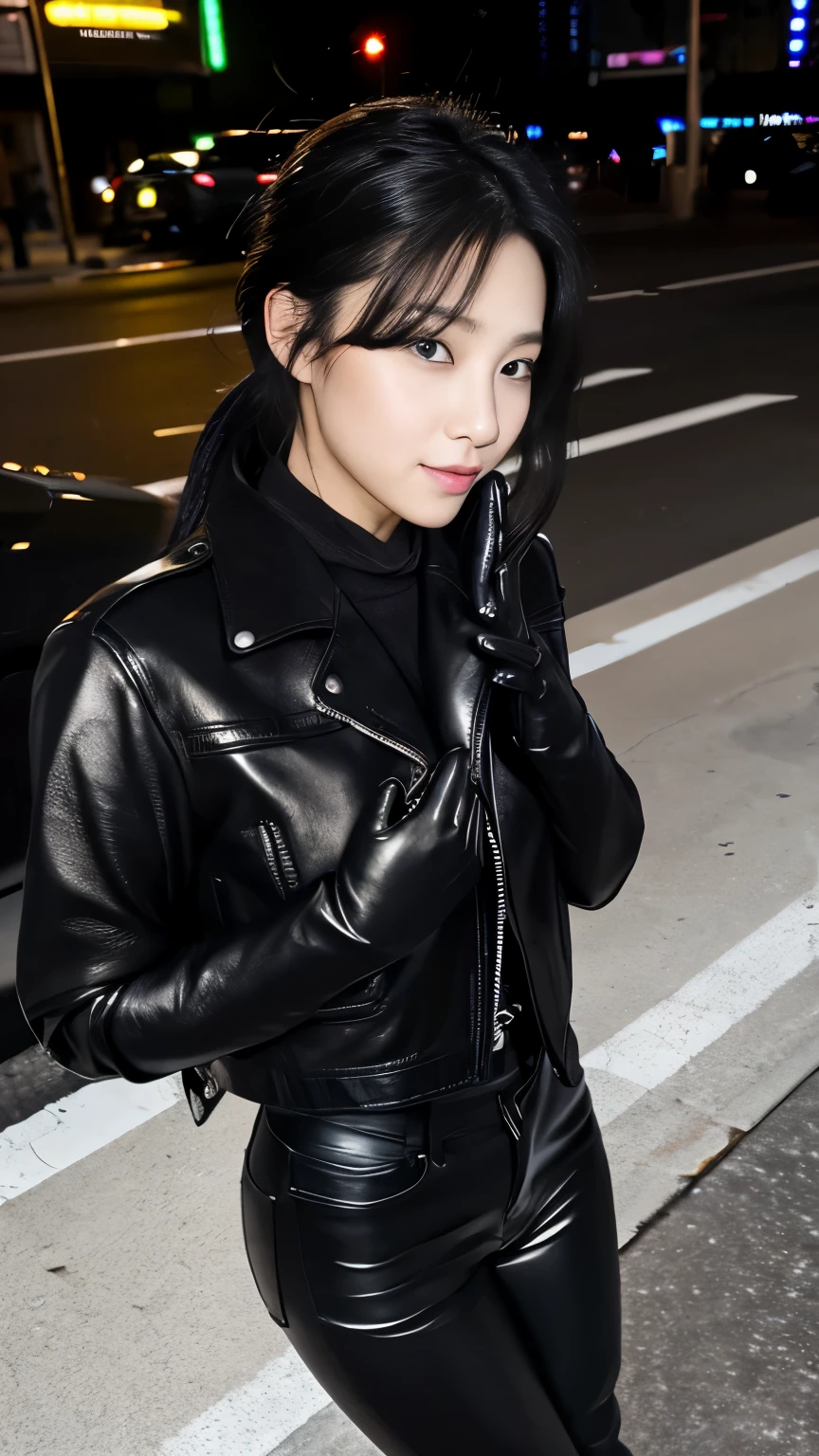 black leather rider jacket, Office in the Dark, Black leather gloved fingertips on both hands,Wearing black leather gloves,Sitting in a black leather chair、 Japanese female new recruits (Black leather gloves cover both hands) (The angle is horizontal)、Black Leather Pants,Black Leather Black Leather Pants,Black Leather Skinny Pants、Long black leather boots on both feet、Black hair ponytail ((He wears black leather gloves on his hands))Full Body Photo,full body shot full body full body leather suit,☺If you turn in this direction。Wearing black leather gloves,Wearing black leather gloves,Wearing black leather gloves,Wearing black leather gloves,Wearing black leather gloves,Wearing black leather gloves,黒のレザーパンツが美しい😍黒のレザーパンツが美しい😍黒のレザーパンツが美しい,😍Smiling while looking at me,City lights、((Neon Cyberpunk City Street:1.3))、(Neon Light)、Detailed lighting、
Best image quality、Ultra-high resolution、(realism:1.4)、Korean Beauty Star、The most beautiful KPOP stars、face、 Korean Makeup、A body that makes you want to touch it、Realistic leather texture、Costume made of smooth leather fabric、The drape of the curved parts of the leather fabric、The costume is very shiny、Quality of the costume、8K Photo Quality