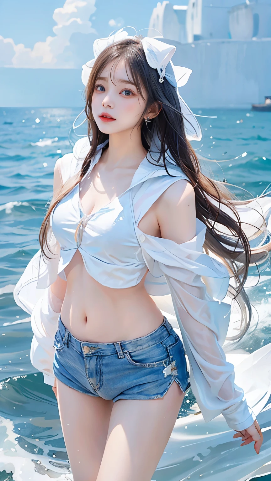 In the clear blue sea、Wearing a white hoodie fluttering in the wind、A woman wearing shorts、standing on the waves。Her hair is long、Shine white、Swaying in the waves。belly button。
