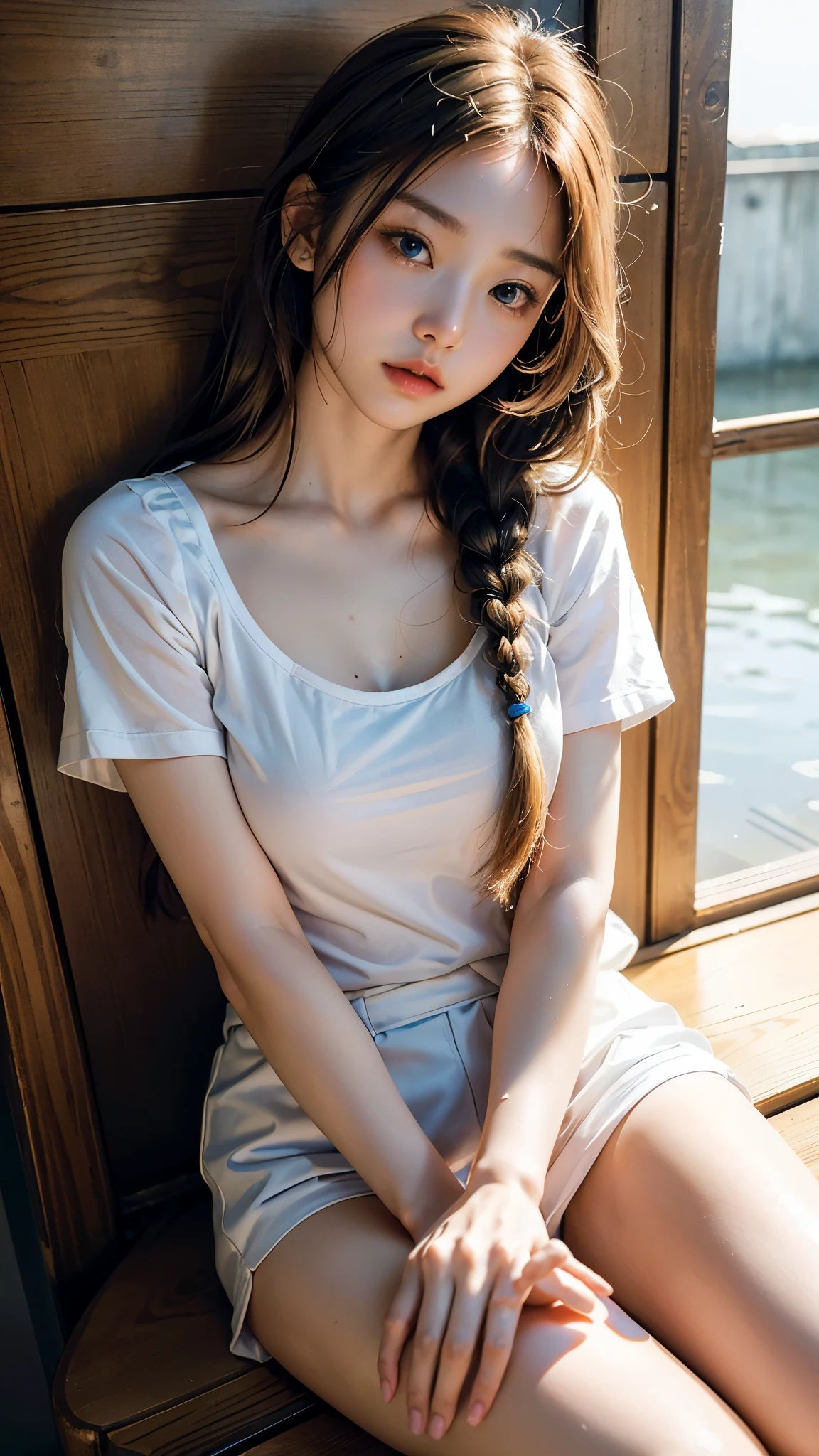 A woman who has been and tied up is squatting on the shore of a lake、Her hands are behind her back and her wrists are tied with rope、Beauty、Wearing a short-sleeved blouse、She is wearing a skirt with a Barbarian pattern.、View from directly behind、Looking Ahead、, black hair, bangs, floating hair, straight hair, shiny hair, Surrealism, cinematic lighting, first-person view, UHD, best quality, highres, 8k
