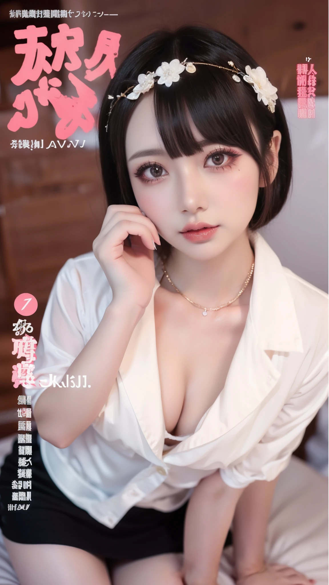 ((JAV Cover:1.9, Big cute title, Countless sentences:1.3、 Cute and flashy title text:1.9)),

(Mega boobs:1.5), (((Safe and secure、CERO A、All ages、safety sensor、Absolutely safe、sfw:1.5, safety)))、
masterpiece、best quality、detailed、ultra quality、extremely detailed、hires、ultra hires、8k, 32k、Lighting that matches the atmosphere of the space、Detailed Background、Background Blur、Cute Girls、Teenage Girl、solo、One girl、From head to toe、
((Oily skin:1,5)), Brighten your eyes with colored contact lenses、Long and lush eyelashes、Big cleavage、(Lip gloss), Absolute area、Black Hairの、Heavy bangs、
((Jirai Type Makeup:1.3, jirai type girl:1.5), Sparkling under eyes), break、(Red eyeliner:1.1、Sparkly Makeup、Red glitter eye makeup:1.1)),break、cute, Sexy in JK uniform, Surreal school girl, Short skirt, Tight Skirt, Black Stockings, Thin arms, Black Hair、short hair、cute girl, Thin legs, Hotel Rooms, (masterpiece:1.3), (8k, Realistic, RAW Photos, highest quality: 1.4), (1 girl), Beautiful Face, (Realistic face), (Black Hair, short hair:1.3), Beautiful Hairstyles, Fine and beautiful eyes, Very detailed, Golden Ratio, 