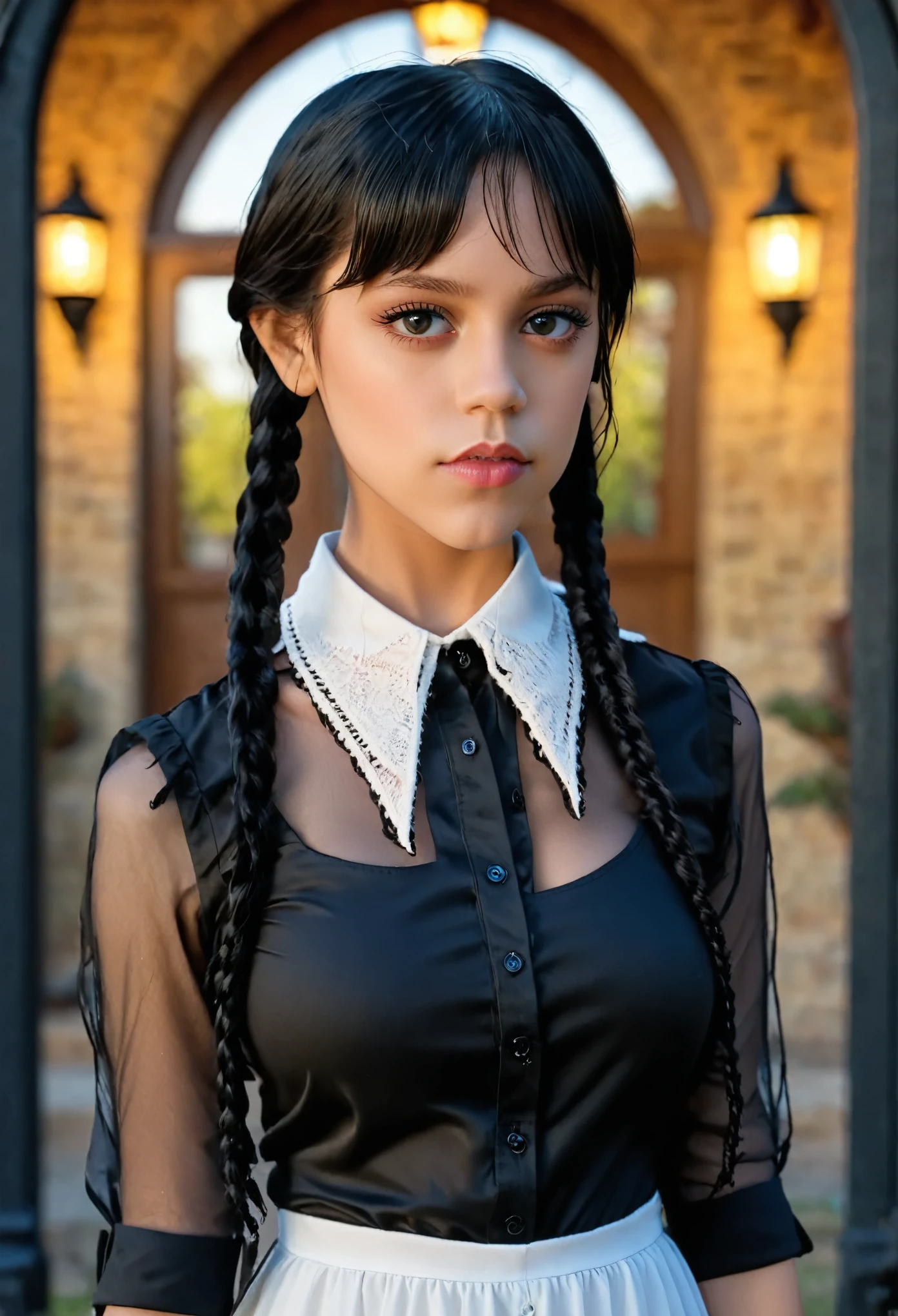 (full head):1.8, Arafed woman looks like Jenna Ortega with braids in a ((white dress and laced shirt, big breast):2.9), as Mittwoch Addams, Mittwoch Addams, she has white eyes!!!, Sie hat schwarze Haare mit Pony, with black pigtails, she has a sweet face, ((UnrealEngine5 epic masterpiece, ultra best quality, detailed, ultra sharpness focus, ultra high-resolution, ultra high-definition, UHD, HDR, vibrant DSLR vivid moonset)), colorful lighting, Evelyn Celebrian, blackess elf tanmed skin epic eyes breasts pubic tattoo, looking at viewer, Epic Cute, Eiffel reflection varies multi etc. --v 6 --s 1000 --c 20 --q 20 --chaos 100
