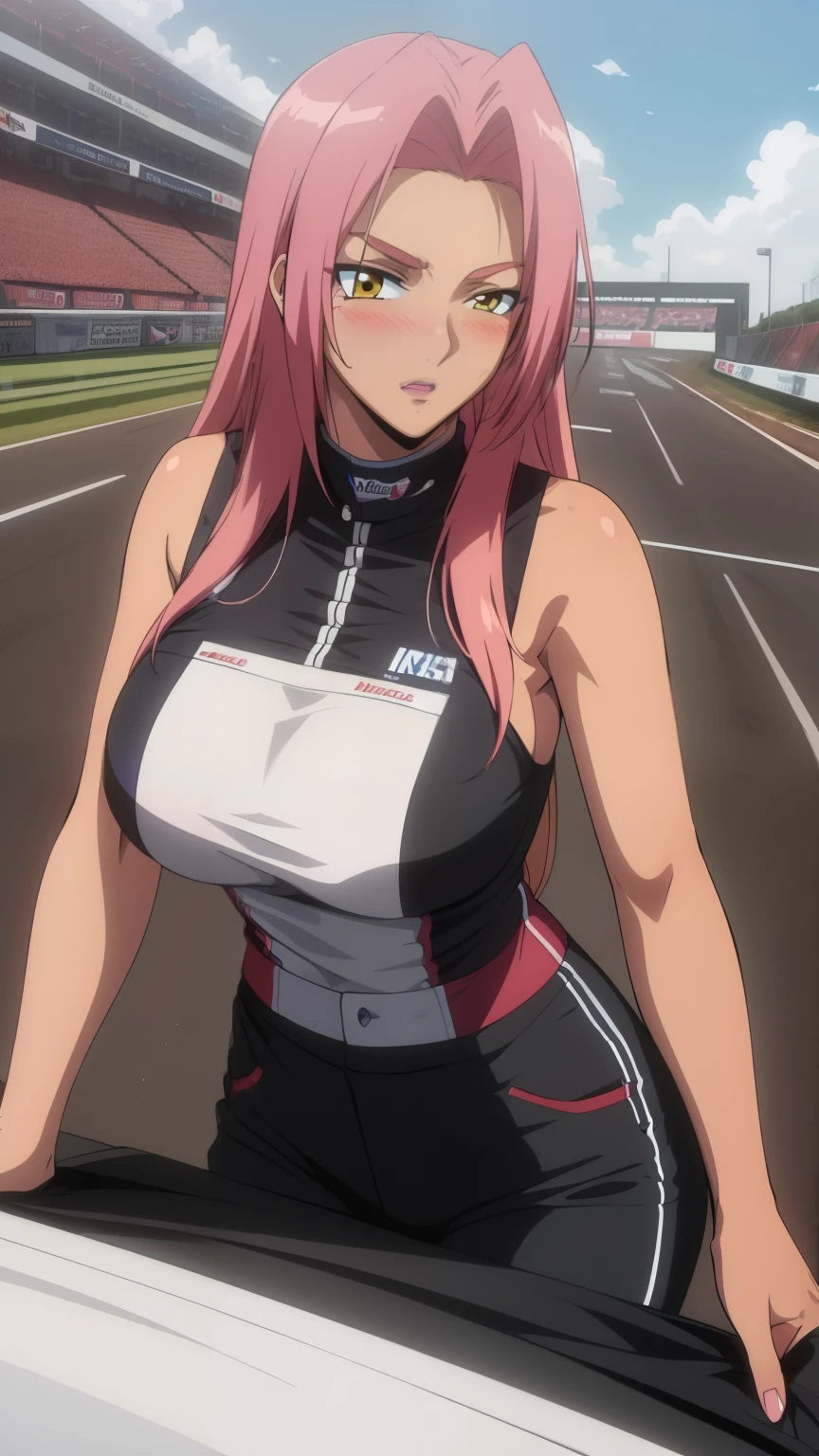 (Highest quality, masterpiece, 8k:1.2), Anime coloring pages, ultra-high resolution, hyper detail, Ingrid, one girl, 20 years, adult woman, Large medium breasts, dynamic angle, staring at the viewer, (Race queen, sleeveless, blush, car racing venue)