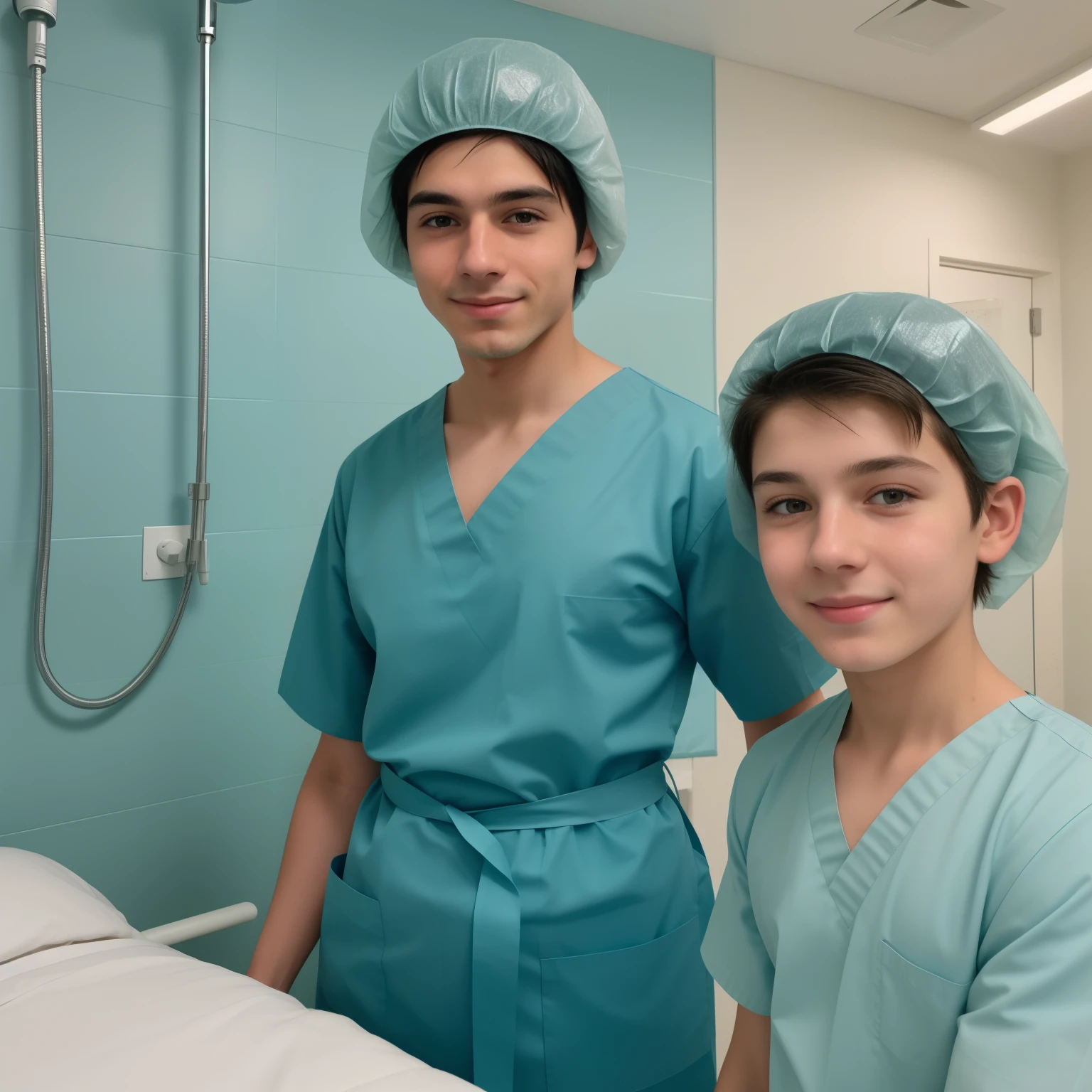A Realistic Portrait, of a italian boy, pediatric patient, 11 years old, teenager fitness model Beautiful, detailed male boy face, detailed eyes, (realistic skin:1.3), (pale skin:1.1), (textured skin:1.3), (()), big smile, (iphone photograph), ), (artificial lighting:1.3), thin eyebrows, male figure, looking at the camera, perfect male teenager body, amateur Photography, Photorealistic, Detailed, analog, poor quality, grainy, laying in bed, , wide angle, showing full body e, wearing long teal nylon patient gown, ultra-short hair and ears fully covered by teal viynl shower cap, , opened patient gown showing chest and six-pack stomach, young female surgical nurse (20 years) in teal surgical scrubs standing next to boy patient