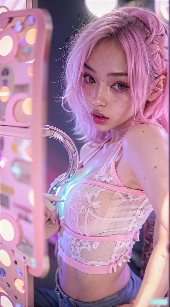 analogue photography of  ahegao, pastel pink neon lights, flat lighting, (soft saturation:1.2), e-girl, naughty, flirting with camera, showing breast, sexy clothes, face in focus, perfect body, selfie in a mirror, sexal atmosphere, showing ass 