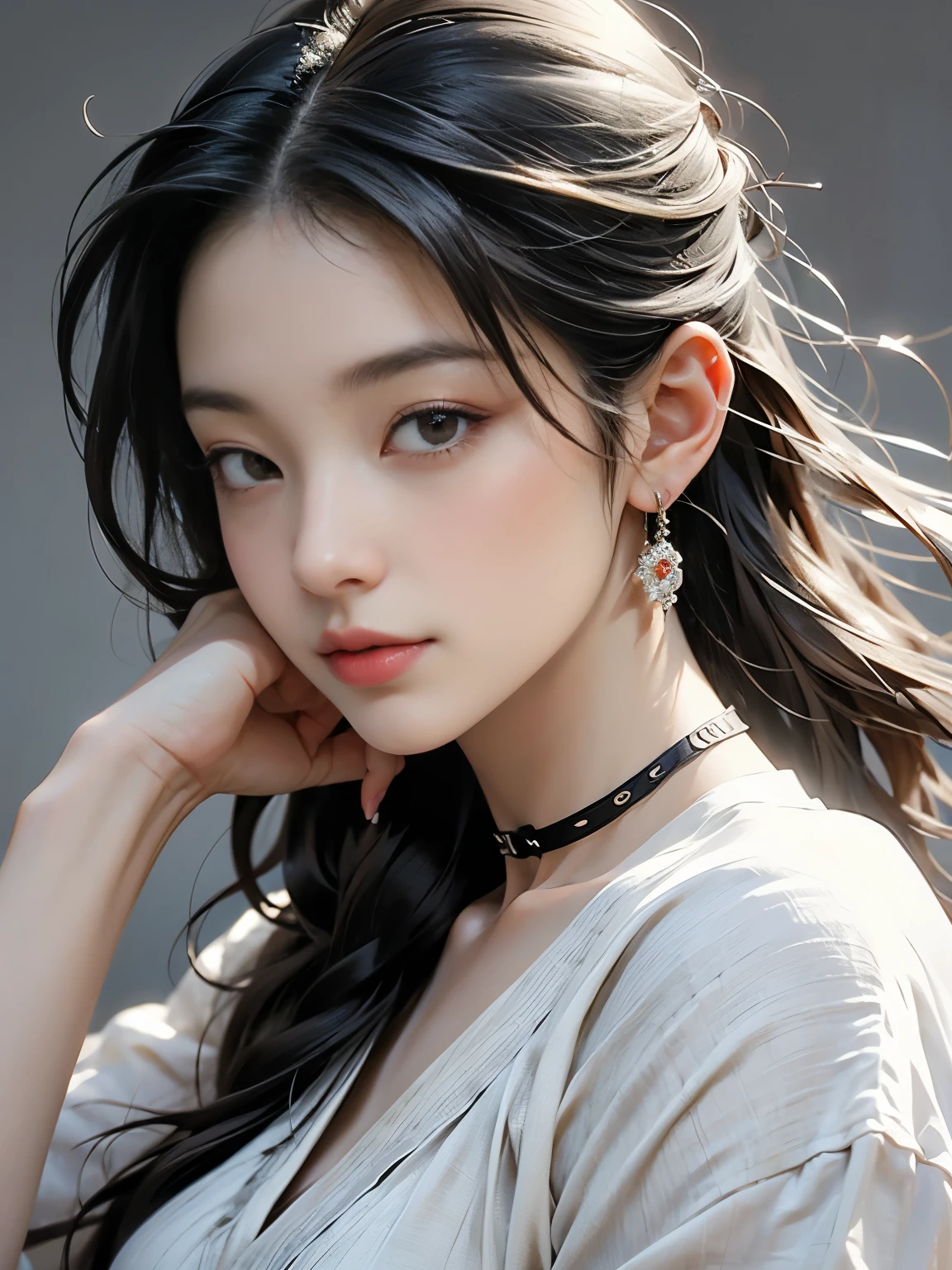 cute, ultra-detailed, figure, Complex, detailed, extremely detailed, detailed face, Soft Lighting, Soft Light, Soft Focus, Perfect Face, beautiful, Accurate anatomy, Exposure, 8k, 4K, (High resolution:1.1), highest quality, (masterpiece:1.3), One girl, alone, jewelry, Brown eyes, View Viewer, Earrings, Grey Hair, bangs, choker, Mouth closed, Portraiture, clock, hair ornaments, Simple Background, Gray background, Long Hair, Headrest, lips, hair bow, black choker, bow, eyelash,Yasutomo Oka's painting style, Big Breasts, dynamic sexy poses