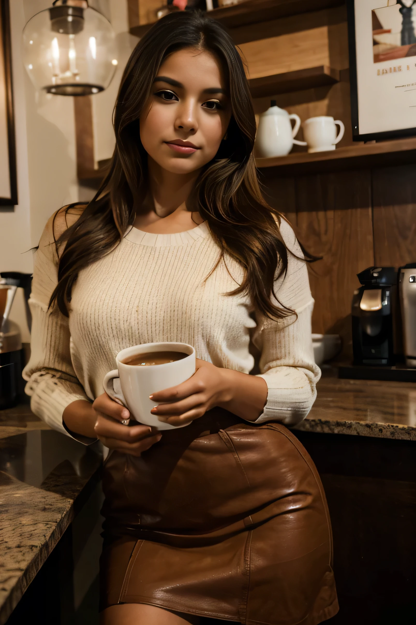 Una elegante modelo latina. Holding a cup of coffee in a cozy coffee shop with an American vintage aesthetic., Photography, mirrorless camera with 35mm lens, --con 16:9-a las 5