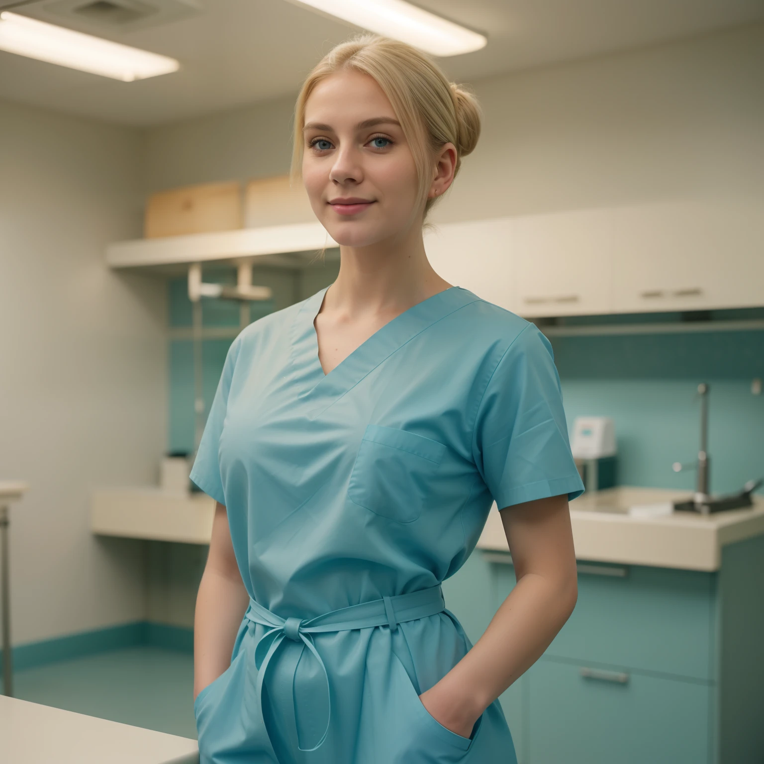 A Realistic Portrait, of a tenager girl, 15 years old (lady oscar), as surgical nurse, blonde hair, , Beautiful, detailed face, detailed eyes, (realistic skin:1.3), (pale skin:1.1), (textured skin:1.3), (()), big smile, (iphone photograph), (perfect small breasts:1.1), wearing teal surgical scrubs), (artificial lighting:1.3), looking at the camera, perfect slim body, amateur Photography, Photorealistic, Detailed, analog, poor quality, grainy,, wide angle, showing full body, standing in operation room, wearing long surgical scrubs, non-nude, all body parts covered by teal scrub uniform,short hair tied up, hair bun, hair tied as chignon