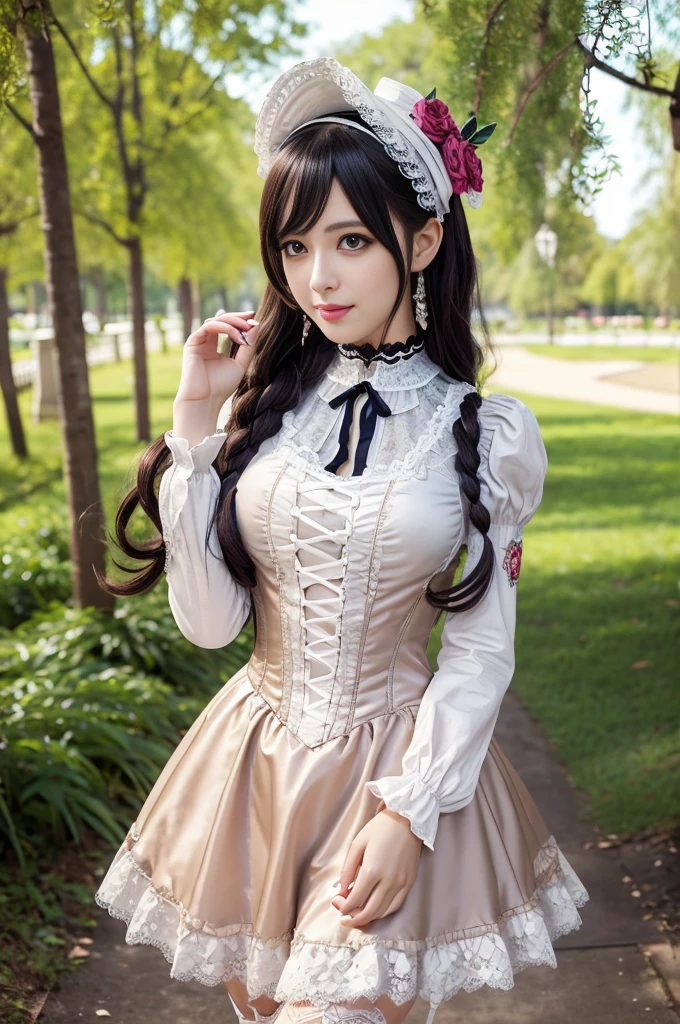 sexy stylish Swedish model, only 1 female, ((doll-like appearance)), ((ultra detailed Victorian-Style boots)), beautiful smile, ultra detailed eyes, vivid eye makeup, lipgloss, long lashes, defined eyebrows, ((sexy Paradise Kiss cosplay)), bell-shaped skirt, petticoats, high neckline, puffed sleeves, (( ultra detailed lace)), ((ultra detailed embroidery)), intricate details, Paradise Kiss accessoires and matching headpiece, choker, ((large sparkling Paradise Kiss jewelry)), cinematic light, detailed large park background with trees