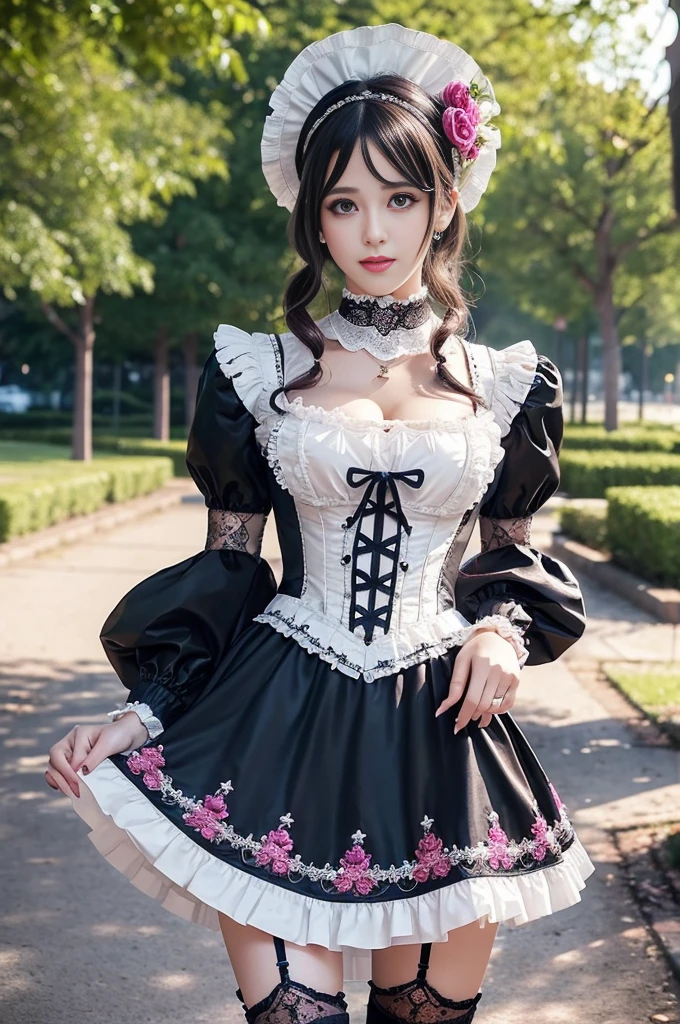 sexy stylish Swedish model, only 1 female, ((doll-like appearance)), ((ultra detailed Victorian-Style boots)), beautiful smile, ultra detailed eyes, vivid eye makeup, lipgloss, long lashes, defined eyebrows, ((sexy Paradise Kiss cosplay)), bell-shaped skirt, petticoats, high neckline, puffed sleeves, (( ultra detailed lace)), ((ultra detailed embroidery)), intricate details, Paradise Kiss accessoires and matching headpiece, choker, ((large sparkling Paradise Kiss jewelry)), cinematic light, detailed large park background with trees