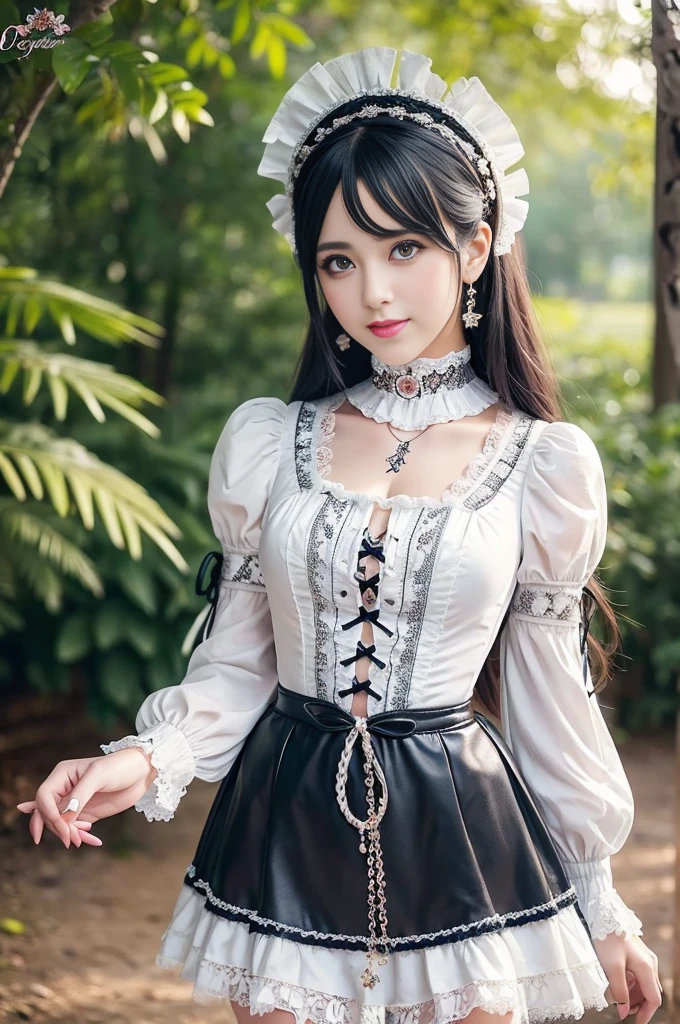 sexy stylish Swedish model, only 1 female, ((doll-like appearance)), ((ultra detailed Victorian-Style boots)), beautiful smile, ultra detailed eyes, vivid eye makeup, lipgloss, long lashes, defined eyebrows, ((sexy Paradise Kiss cosplay)), bell-shaped skirt, petticoats, high neckline, puffed sleeves, (( ultra detailed lace)), ((ultra detailed embroidery)), intricate details, Paradise Kiss accessoires and matching headpiece, choker, ((large sparkling Paradise Kiss jewelry)), cinematic light, detailed large park background with trees