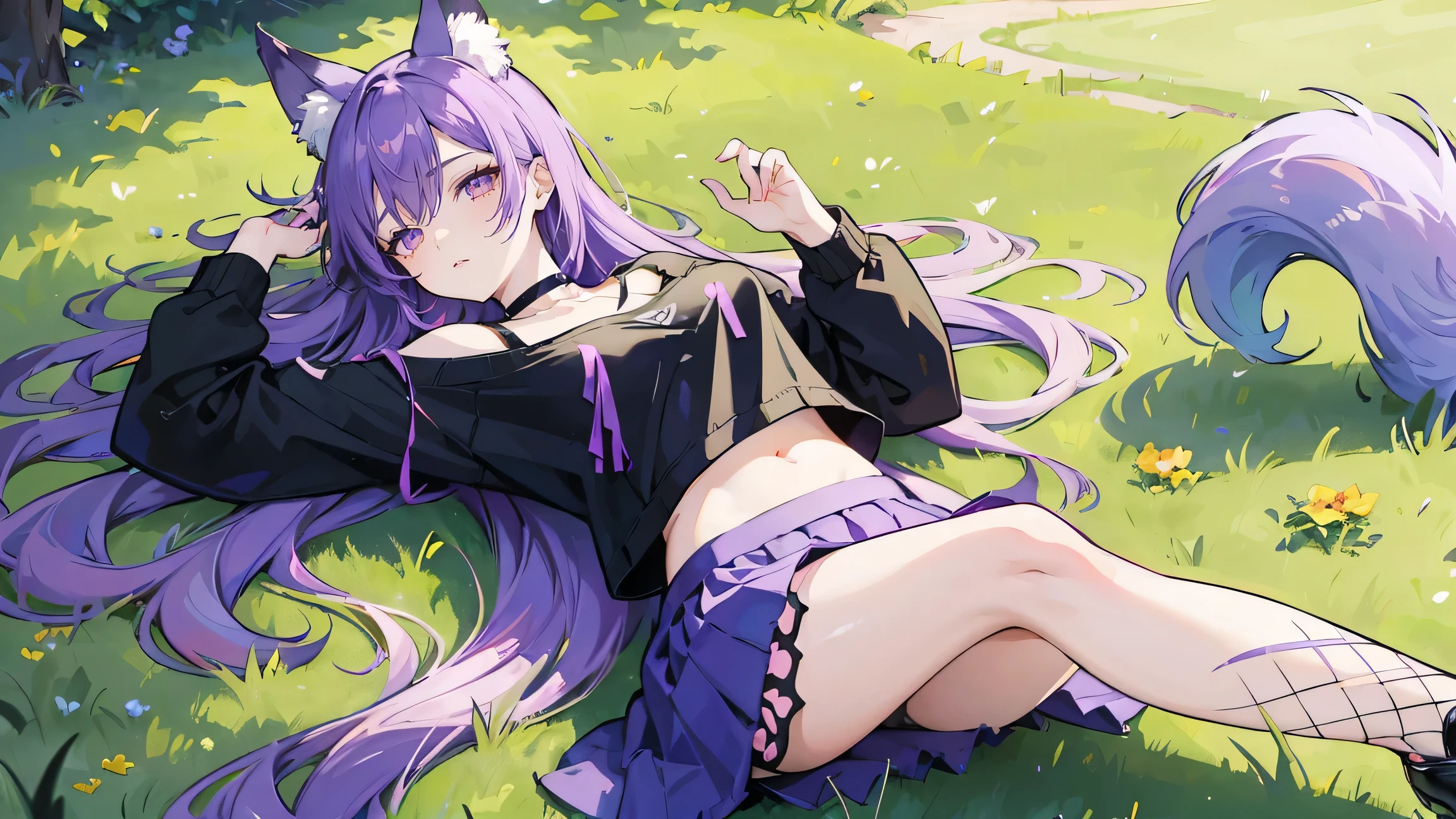 lying down, on grass, park, full body, reaching out, butterfly, wolf ears and tail, skirt, purple hair, fishnets, cropped sweater, nine tailed fox, black shoes, lying on back, choker, detailed