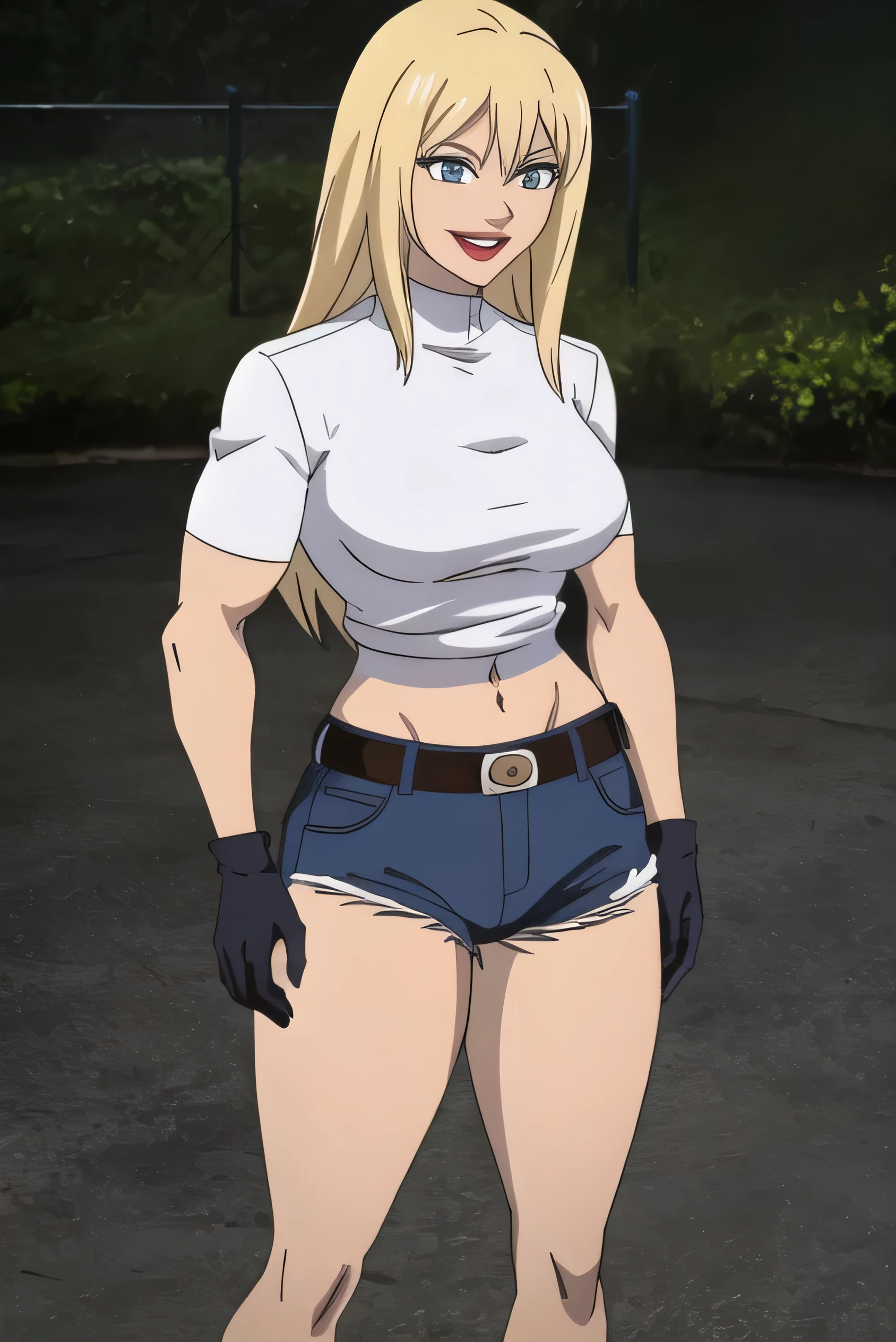 obra maestra, Alta calidad, mejor calidad, 1 chica, (muscular:1.0), Muscles, abdominales, biceps, muslos, shorts jeans,oblicuos, abdominales lines, naval, muslos, adaptar, (pechos gigantes:1.0), Pulir, (boca cerrada, media sonrisa), (vestimenta de cobertura total, Funcional, adecuado, elegant, y vestimenta modesta:1.5), stripperella, long tight blue and black bodysuit, belt, mascarilla, lipstick, guantes azules, botas de tacon azul, pelo rubio, pelo largo, (Fondo blanco:1.5), colorante animado, anime screencap, estilo animado, Imagen clave del anime, (cuerpo completo:1.5), 