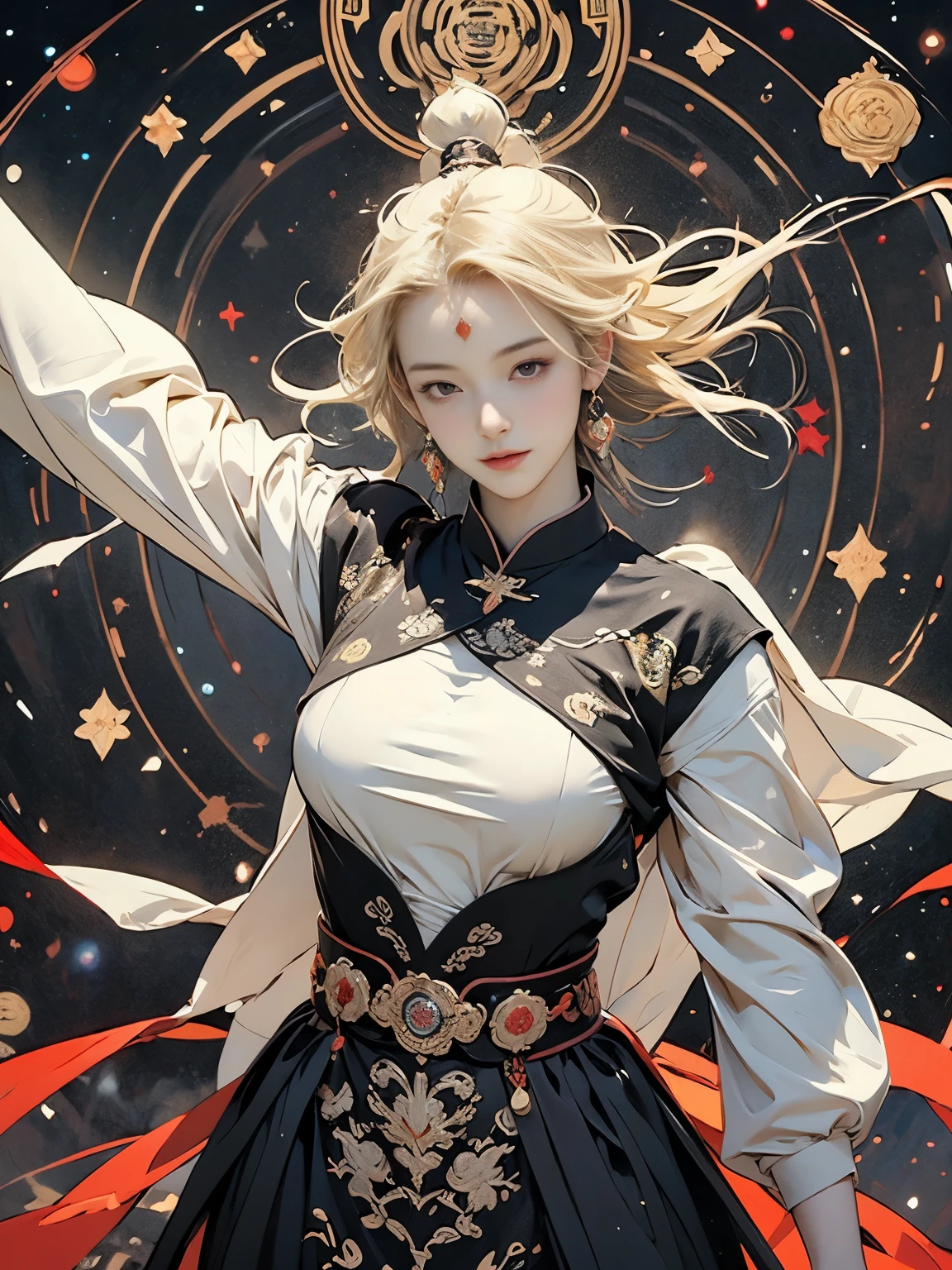Zerg Queen Beautiful Girl: Ranlinger, 18 years old, astrologer, Messy Hair, oil, Romanticism painting, beautiful Perfect Face, Soft Skin, Perfect Face, Yasutomo Oka's painting style, Big Breasts, Add light purple and purple, Add Light Red, Intricate details, Splash screen, 8K resolution, masterpiece, Serious, Space, (mysterious magic circle background, Buddhist Mandala:1.3), Colorful background, aura, Sharp Eyes, Break, Blonde, dynamic sexy poses, Strong winds, Mr.々Light source, Colorful light, Crystal Jade, Tarot Cards, Four Holy Beasts, constellation