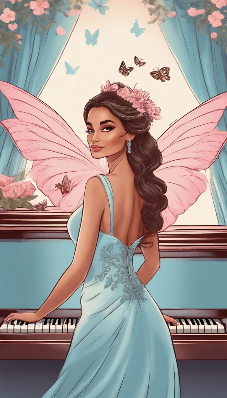 Tanned and brunette fairy in a pink dress playing the piano on a pastel blue color background in cartoon style
Add wings and some butterflys