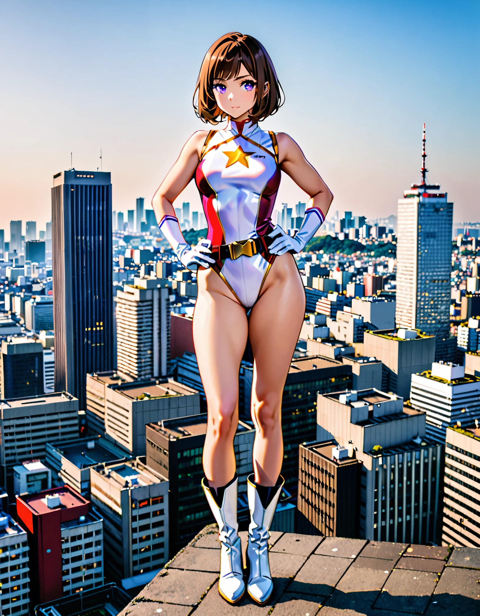 (masterpiece), (best quality), (high res), medium breasts, ((leotard, white and red leotard, matching leotard, sleeveless, bare legs)), ((tight belt, gold belt)), ((boots, matching boots, ankle-high boots, white boots)), ((gloves, white gloves)), city backdrop, tokyo city backdrop, solo, single, hands on hip, standing, (full body), cowboy shot, superhero, ((beautiful detailed eyes)), ((gold star symbol on chest)), (brown hair, medium hair, bob hair, purple eyes), (perfect hands, perfect anatomy), cowboy shot, superhero, ((beautiful detailed eyes)), full body costume design.