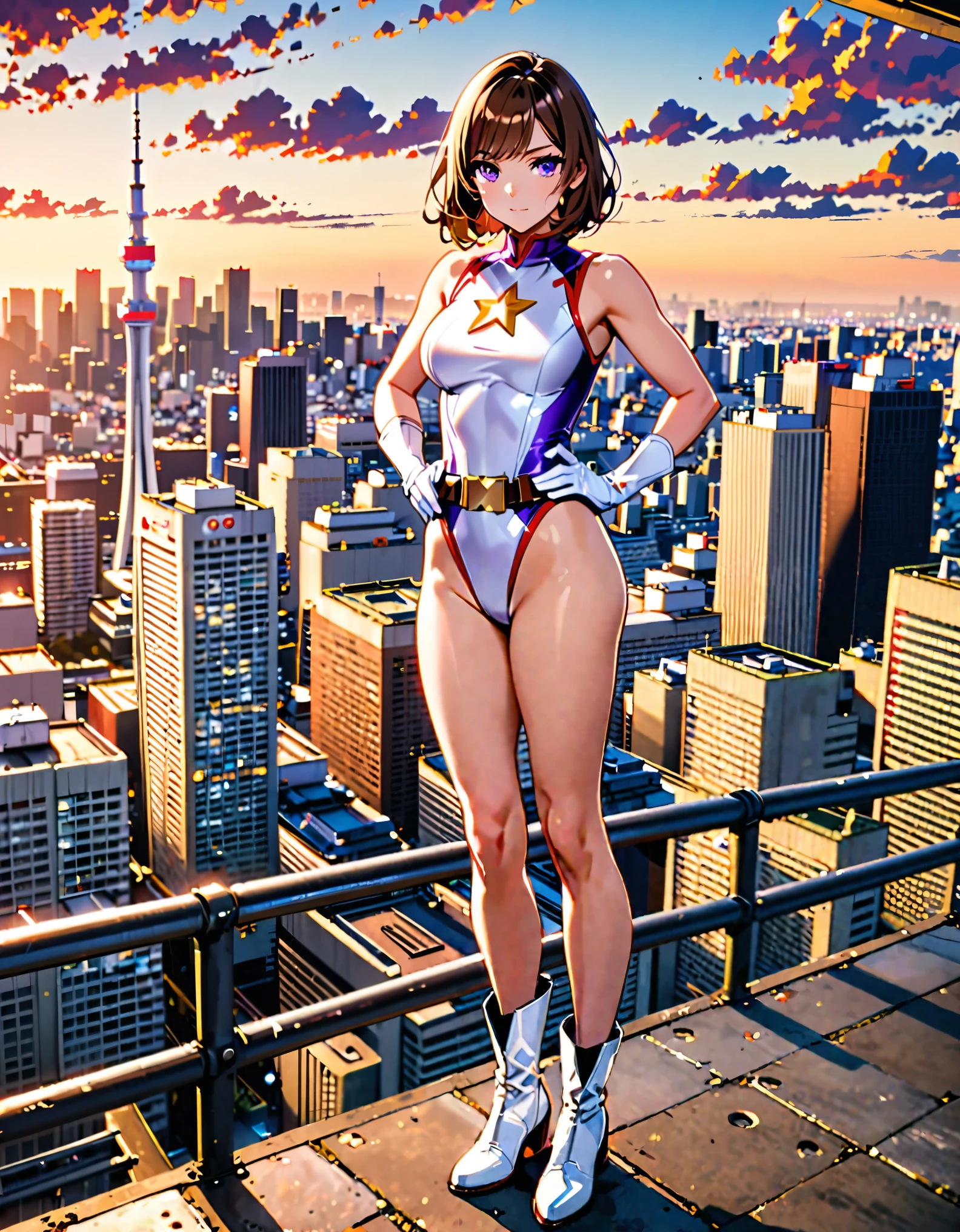 (masterpiece), (best quality), (high res), medium breasts, ((leotard, white and red leotard, matching leotard, sleeveless, bare legs)), ((tight belt, gold belt)), ((boots, matching boots, ankle-high boots, white boots)), ((gloves, white gloves)), city backdrop, tokyo city backdrop, solo, single, hands on hip, standing, (full body), cowboy shot, superhero, ((beautiful detailed eyes)), ((gold star symbol on chest)), (brown hair, medium hair, bob hair, purple eyes), (perfect hands, perfect anatomy), cowboy shot, superhero, ((beautiful detailed eyes)), full body costume design.