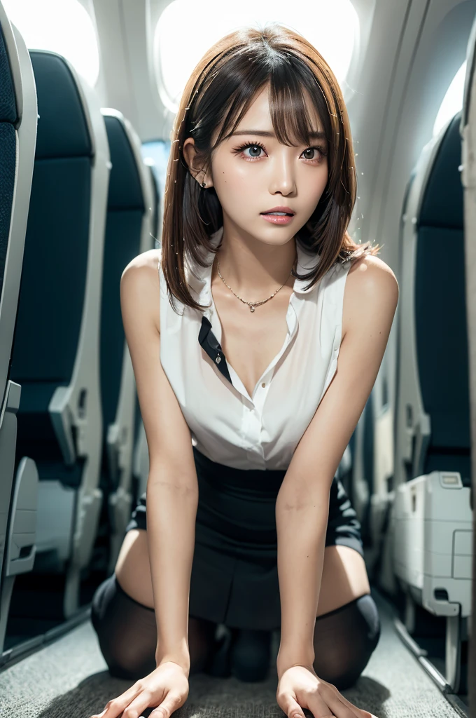 (masutepiece:1.3), High resolution, ultra-detailliert, the Extremely Detailed CG Unity 8K Wallpapers, Realistic, photo-Realistic, Raw photo, beautifull detailed face, pale skin, Realistic skin, Detailed Cloth Texture, detailed hair texture, perfectly proportions, Beautiful face, precise, Anatomically correct, Highly detailed face and skin texture, Natural neck length, (shiny necklace, marriage ring), (beautiful hand air skin:1.2), thin legs, Thin feet, Sexy thighs,
BREAK,
Detailed eyes, Symmetrical eyes, Light brown eyes, Double eyelids, Thin eyebrows, (Glossy lips:1.4), ((worried face:1.2)), (Drunk:1.2),
BREAK,
(Classy flight attendant girl), (In the case of a flight attendant uniform:1.2),
(Medium to large chest of drawers:1.2, nice shaped breasts:1.2, Slender figure:1.1),
(dark brown hair, Wavy Hair), ((Medium Hair, asymmetrical bangs:1.2)), (upperbody shot:1.2), ((From below:1.3)), ((Focus on the hands:1.2))
BREAK,
((Wariza with her hands on the floor:1.3)), (Inside the aircraft:1.2),