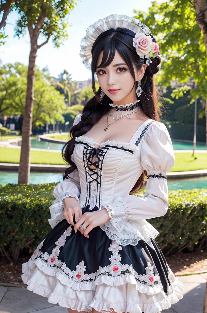 sexy stylish Spanish model, only 1 female, ((doll-like appearance)), ((ultra detailed Victorian-Style boots)), beautiful smile, ultra detailed eyes, vivid eye makeup, lipgloss, long lashes, defined eyebrows, ((sexy Paradise Kiss cosplay)), bell-shaped skirt, petticoats, high neckline, puffed sleeves, (( ultra detailed lace)), ((ultra detailed embroidery)), intricate details, Paradise Kiss accessoires and matching headpiece, choker, ((large sparkling Paradise Kiss jewelry)), cinematic light, detailed large park background with trees 