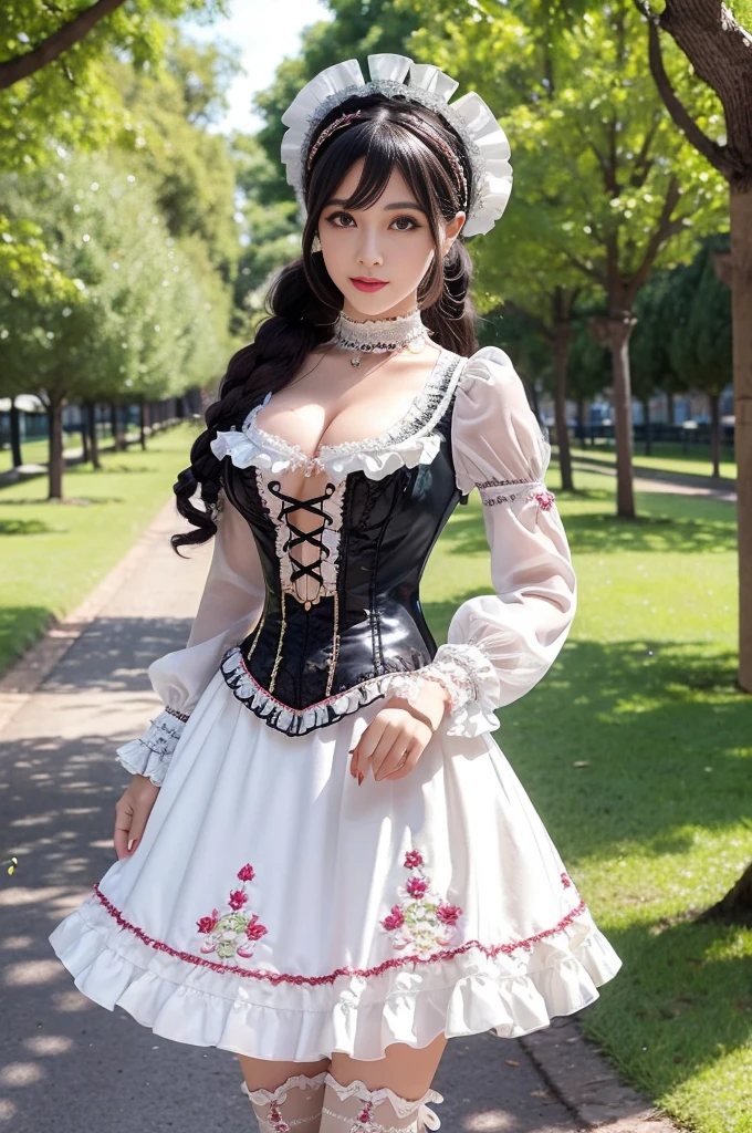 sexy stylish Spanish model, only 1 female, ((doll-like appearance)), ((ultra detailed Victorian-Style boots)), beautiful smile, ultra detailed eyes, vivid eye makeup, lipgloss, long lashes, defined eyebrows, ((sexy Paradise Kiss cosplay)), bell-shaped skirt, petticoats, high neckline, puffed sleeves, (( ultra detailed lace)), ((ultra detailed embroidery)), intricate details, Paradise Kiss accessoires and matching headpiece, choker, ((large sparkling Paradise Kiss jewelry)), cinematic light, detailed large park background with trees