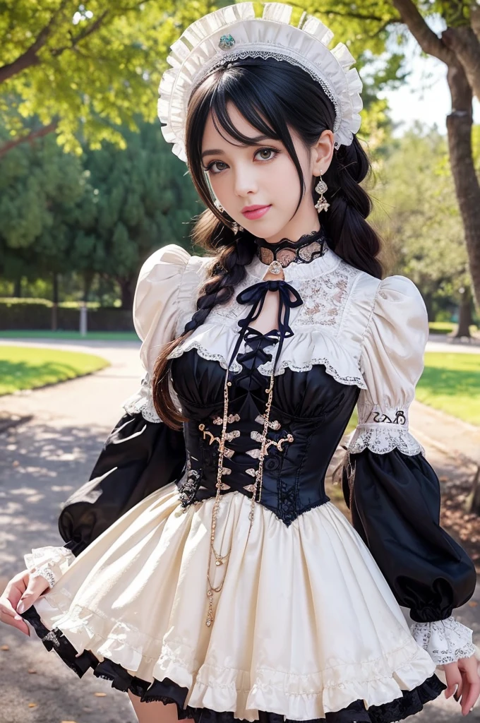 sexy stylish Spanish model, only 1 female, ((doll-like appearance)), ((ultra detailed Victorian-Style boots)), beautiful smile, ultra detailed eyes, vivid eye makeup, lipgloss, long lashes, defined eyebrows, ((sexy Paradise Kiss cosplay)), bell-shaped skirt, petticoats, high neckline, puffed sleeves, (( ultra detailed lace)), ((ultra detailed embroidery)), intricate details, Paradise Kiss accessoires and matching headpiece, choker, ((large sparkling Paradise Kiss jewelry)), cinematic light, detailed large park background with trees