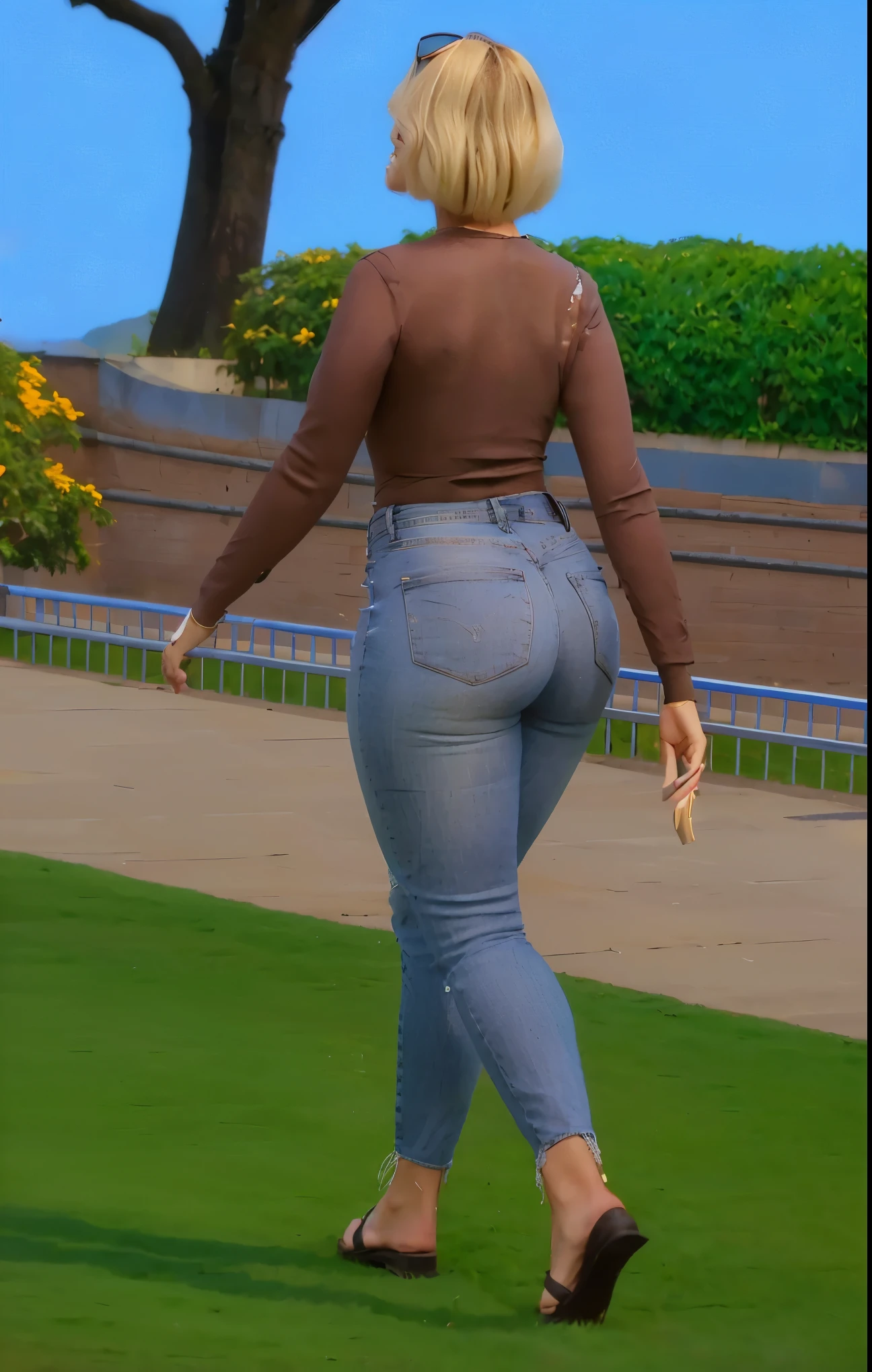 mulher andando, traseiro tonificado, traseiro bem torneado, pose de costas, quadris acentuados, shapely traseiro tonificado, tiro traseiro de corpo inteiro centrado, formato de bunda, grosso, superdimensionado_quartos traseiros, curvy accentuated booty, jeans, wearing sunglasses on head, cabelo detalhado, cabelo loiro