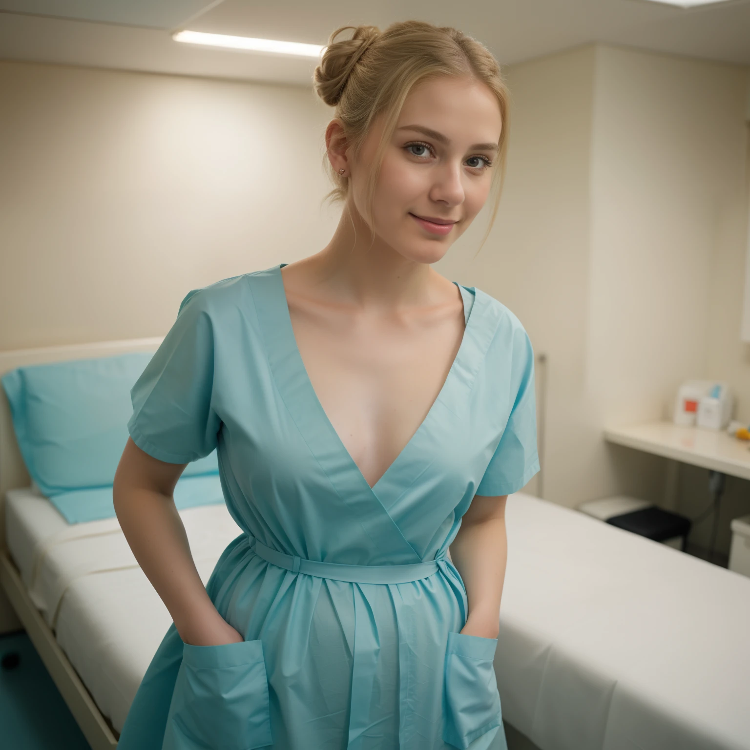 A Realistic Portrait, of a ager girl, 15 ady oscar), as pediatric patient, blonde hair, , Beautiful, detailed face, detailed eyes, (realistic skin:1.3), (pale skin:1.1), (textured skin:1.3), (()), big smile, (iphone photograph), (perfect small breasts:1.1), , (artificial lighting:1.3), looking at the camera, perfect slim body, amateur Photography, Photorealistic, Detailed, analog, poor quality, grainy,, wide angle, showing full body, standing in operation room, wearing long teal nylon patient gown, non-nude, all body parts covered by patient gown ,short hair tied up, hair bun, hair tied as chignon
