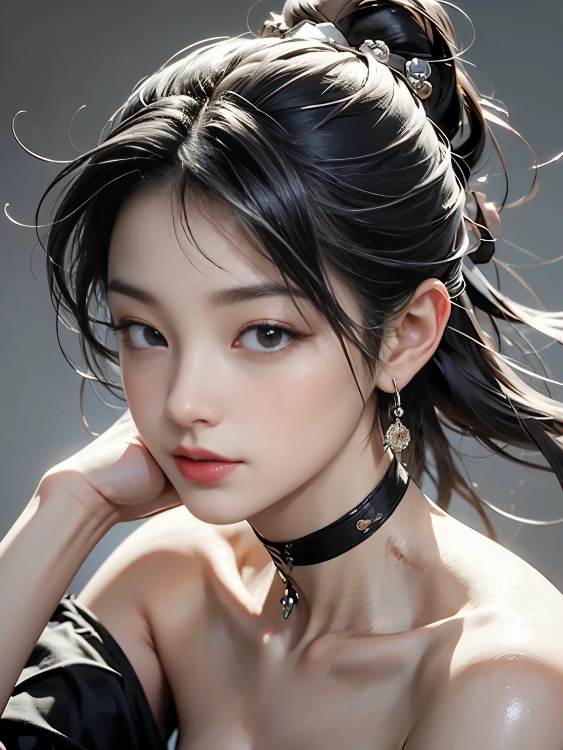 cute, ultra-detailed, figure, Complex, detailed, extremely detailed, detailed face, Soft Lighting, Soft Light, Soft Focus, Perfect Face, beautiful, Accurate ???????, Exposure, 8k, 4K, (High resolution:1.1), highest quality, (masterpiece:1.3), One girl, alone, jewelry, Brown eyes, View Viewer, Earrings, Grey Hair, bangs, choker, Mouth closed, Portraiture, clock, hair ornaments, Simple Background, Gray background, Long Hair, Headrest, lips, hair bow, black choker, bow, eyelash,Yasutomo Oka's painting style, Big Breasts, dynamic sexy poses