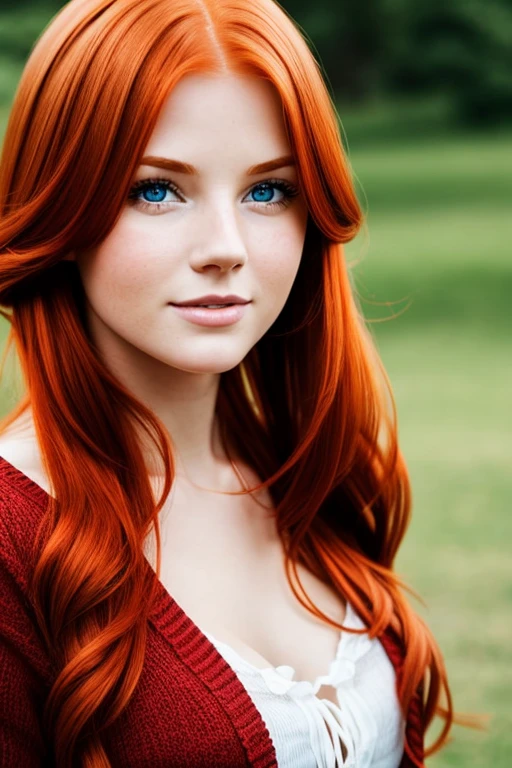 Face of a young redhead woman looking to a camera