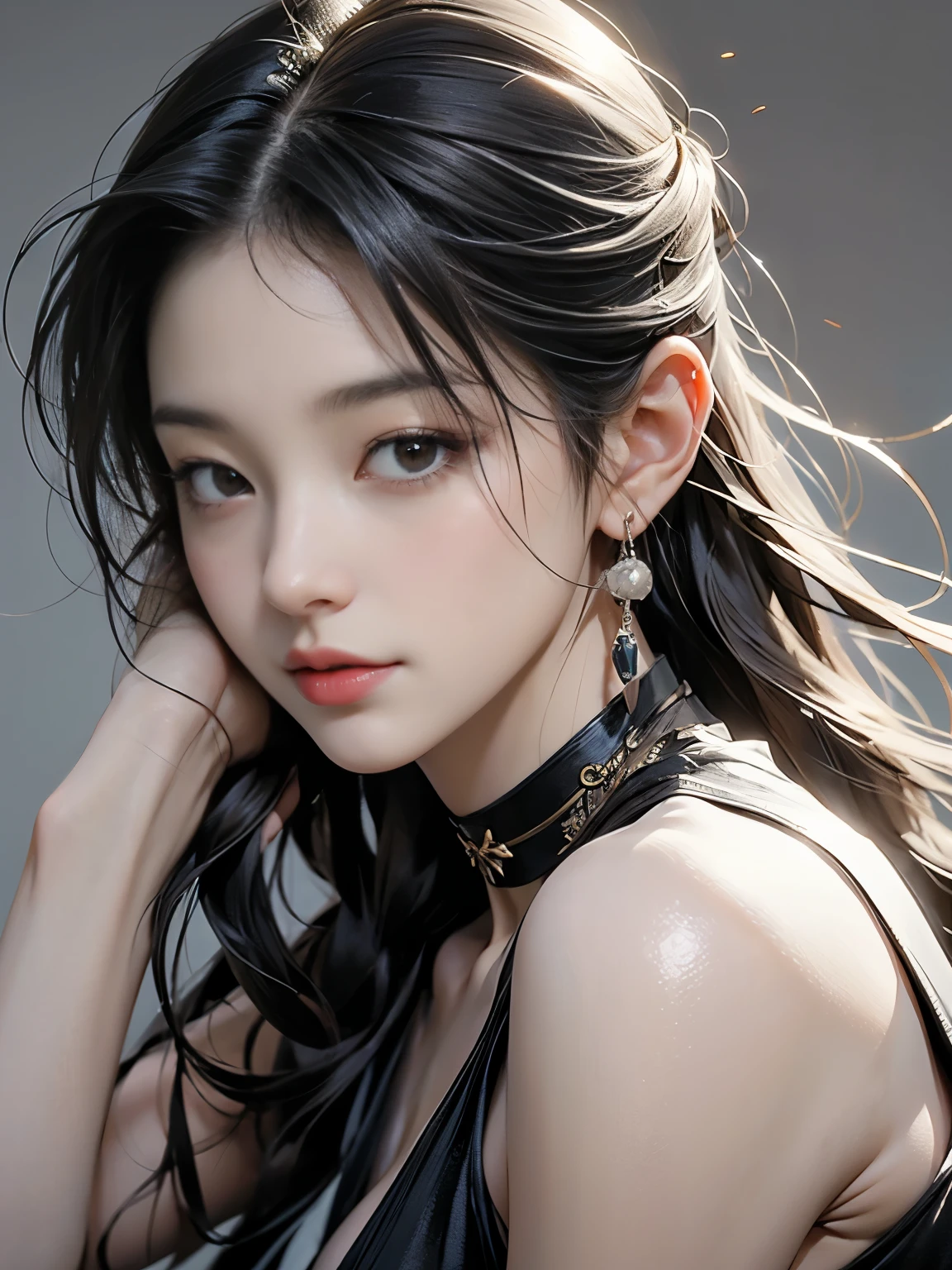 cute, ultra-detailed, figure, Complex, detailed, extremely detailed, detailed face, Soft Lighting, Soft Light, Soft Focus, Perfect Face, beautiful, Accurate anatomy, Exposure, 8k, 4K, (High resolution:1.1), highest quality, (masterpiece:1.3), One girl, alone, jewelry, Brown eyes, View Viewer, Earrings, Grey Hair, bangs, choker, Mouth closed, Portraiture, clock, hair ornaments, Simple Background, Gray background, Long Hair, Headrest, lips, hair bow, black choker, bow, eyelash,Yasutomo Oka's painting style, Big Breasts, dynamic sexy poses