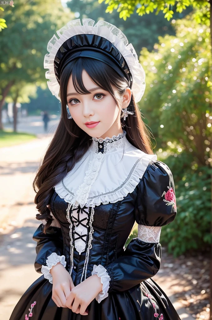 sexy stylish female model, only 1 female, ((doll-like appearance)), ((ultra detailed Victorian-Style boots)), beautiful smile, ultra detailed eyes, vivid eye makeup, lipgloss, long lashes, defined eyebrows, ((sexy Paradise Kiss cosplay)), bell-shaped skirt, petticoats, high neckline, puffed sleeves, (( ultra detailed lace)), ((ultra detailed embroidery)), intricate details, Paradise Kiss accessoires and matching headpiece, choker, ((large sparkling Paradise Kiss jewelry)), cinematic light, detailed large park background with trees