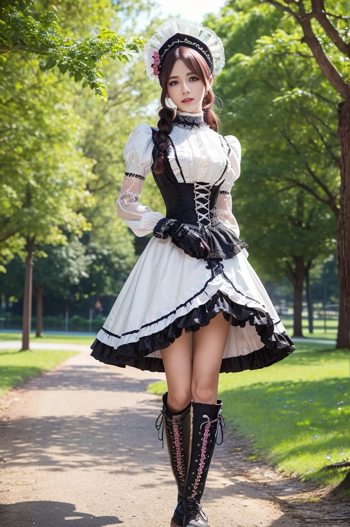 sexy stylish Swedish model, only 1 female, ((doll-like appearance)), ((ultra detailed Victorian-Style boots)), beautiful smile, ultra detailed eyes, vivid eye makeup, lipgloss, long lashes, defined eyebrows, ((sexy Paradise Kiss cosplay)), bell-shaped skirt, petticoats, high neckline, puffed sleeves, (( ultra detailed lace)), ((ultra detailed embroidery)), intricate details, Paradise Kiss accessoires and matching headpiece, choker, ((large sparkling Paradise Kiss jewelry)), cinematic light, detailed large park background with trees