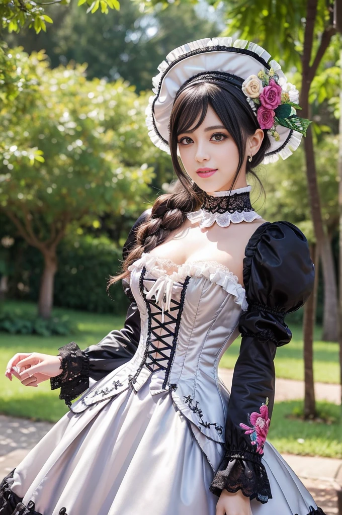 sexy stylish Spanish model, only 1 female, ((doll-like appearance)), ((ultra detailed Victorian-Style boots)), beautiful smile, ultra detailed eyes, vivid eye makeup, lipgloss, long lashes, defined eyebrows, ((sexy Paradise Kiss cosplay)), bell-shaped skirt, petticoats, high neckline, puffed sleeves, (( ultra detailed lace)), ((ultra detailed embroidery)), intricate details, Paradise Kiss accessoires and matching headpiece, choker, ((large sparkling Paradise Kiss jewelry)), cinematic light, detailed large park background with trees 