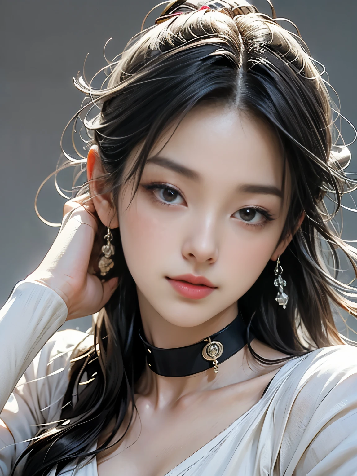 cute, ultra-detailed, figure, Complex, detailed, extremely detailed, detailed face, Soft Lighting, Soft Light, Soft Focus, Perfect Face, beautiful, Accurate ???????, Exposure, 8k, 4K, (High resolution:1.1), highest quality, (masterpiece:1.3), One girl, alone, jewelry, Brown eyes, View Viewer, Earrings, Grey Hair, bangs, choker, Mouth closed, Portraiture, clock, hair ornaments, Simple Background, Gray background, Long Hair, Headrest, lips, hair bow, black choker, bow, eyelash,Yasutomo Oka's painting style, ???????????, dynamic ???? poses