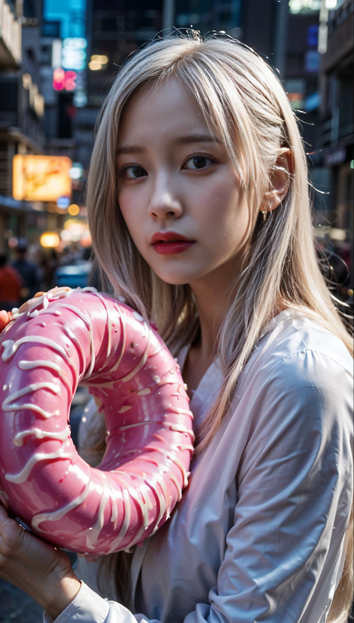 She craves for donut.blond woman with white hair and a pink donut in her mouth.She holds the huge  pink donut upright in her hands. The donut has white melted sugar coating running in veins.there is red nightlamp that gives sensual lightning. close - up profile face, detailed closeup face, close - up profile, character close up, closeup of face, detailed unblurred face, closeup shot of face, closeup of the face, cinematic close-up bust shot, character close-up, close up of face, tifa lockhart with white hair, (masterpiece, best quality:1.2), (8k uhd, 16k, 32k, ultra high res), (photorealistic:1.37), ultimately realistic textures, 