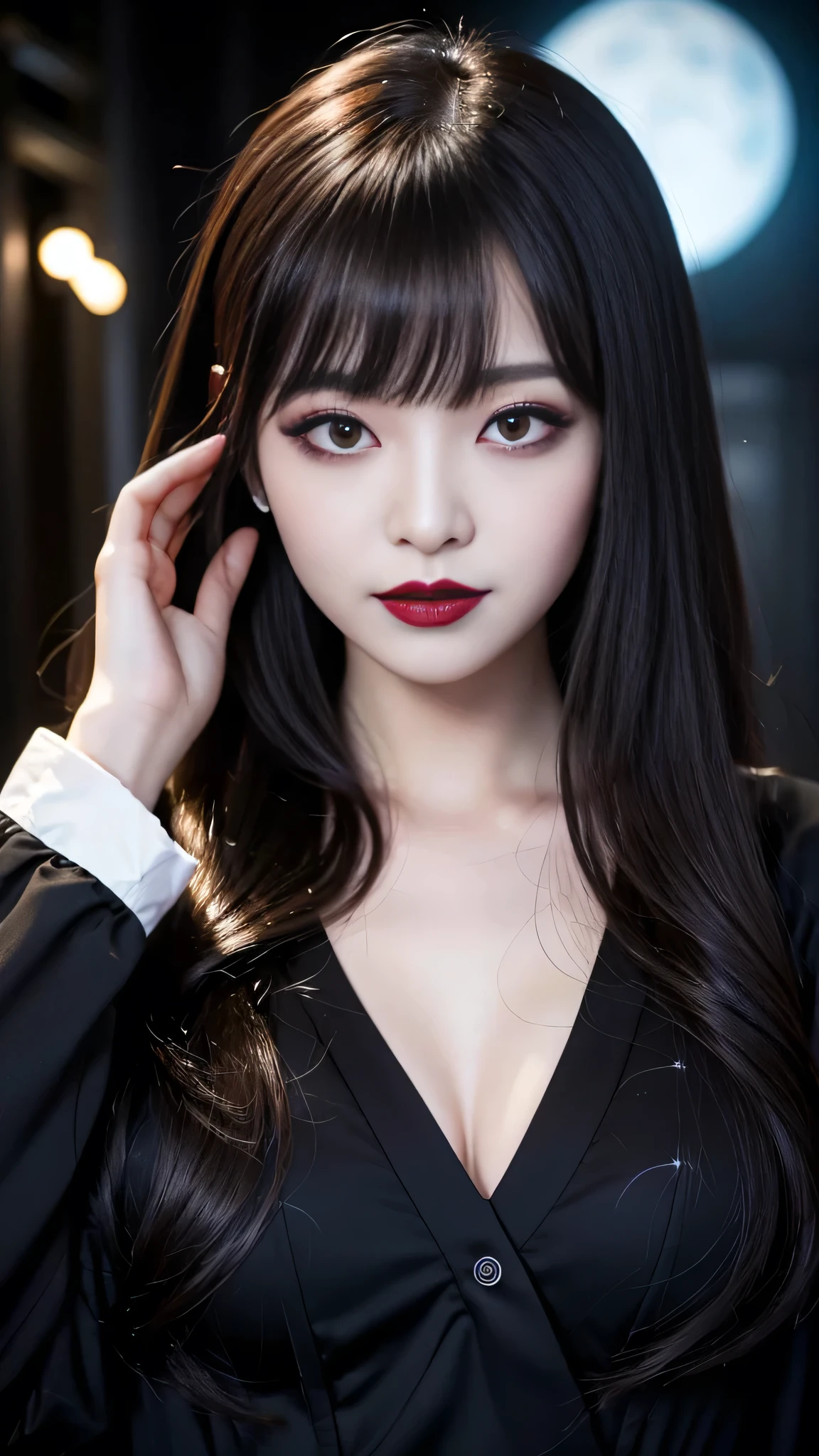 best quality、ultra-detailed、4k、Japanese、Seductive beauty、seductive adult woman、Pretty Woman、cool girl、Villainess、Brainwashed、brainwash、Fallen into evil、smirk、Evil look、Wicked Smile、evil、Brown hair、wavy hair、swept bangs、dark makeup、dark makeup、piercing eyes、hollow eyes,half-closed eyes、Hollow Eyes、purple Eyeshadow、black lipstick、black lipglos、night、inside darkroom、Are standing、shoot from below、Spider's full body tights、Have lipstick、spider、Emblem of Evil、Crest of Darkness、Swear allegiance、I have pledged my allegiance、Dye black、Blackening、Stained with evil、Dyed in darkness、Seduce