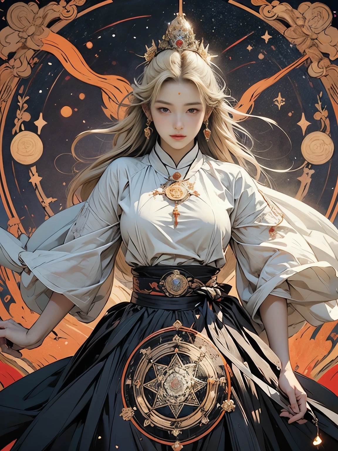 Zerg Queen Beautiful Girl: Ranlinger, 18 years old, astrologer, Messy Hair, oil, Romanticism painting, beautiful Perfect Face, Soft Skin, Perfect Face, Yasutomo Oka's painting style, Big Breasts, Add light purple and purple, Add Light Red, Intricate details, Splash screen, 8K resolution, masterpiece, Serious, Space, (mysterious magic circle background, Buddhist Mandala:1.3), Colorful background, aura, Sharp Eyes, Break, Blonde, dynamic sexy poses, Strong winds, Mr.々Light source, Colorful light, Crystal Jade, Tarot Cards, Four Holy Beasts, constellation