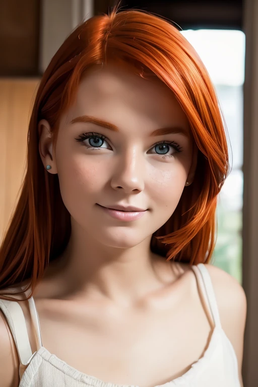 Face of a young redhead woman looking to a camera